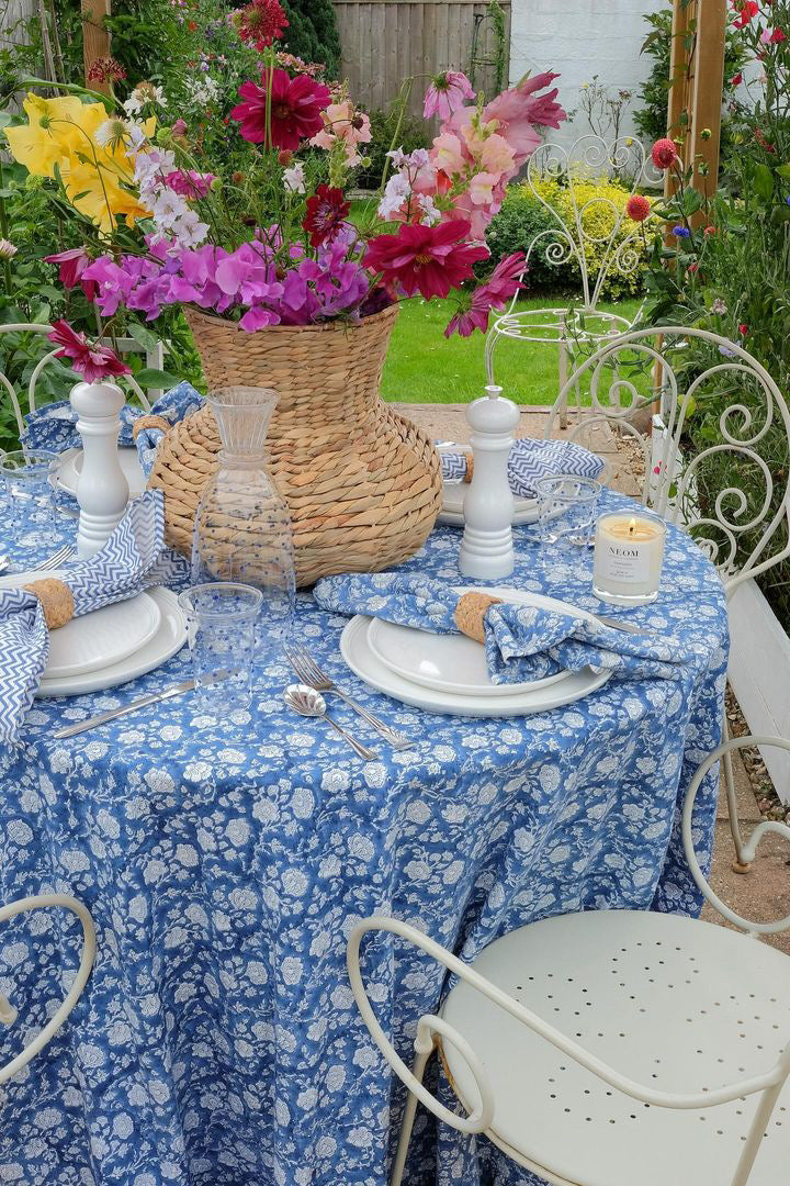 Blue & White Cotton Floral Printed Tablecloth