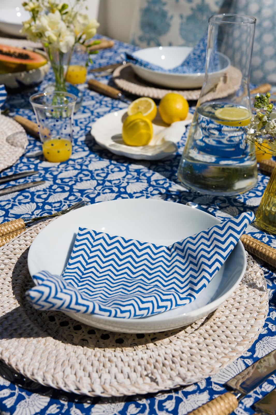 Mediterranean Blue Chevron - Block Printed Cotton Napkins - Set of 4