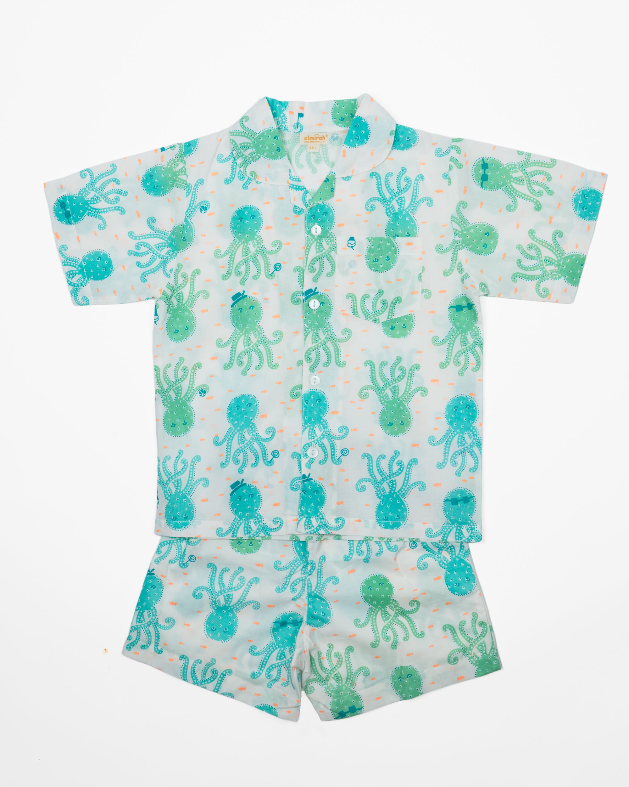 Kids Cotton Shorts & Shirt Pyjama Set in Octopus Print