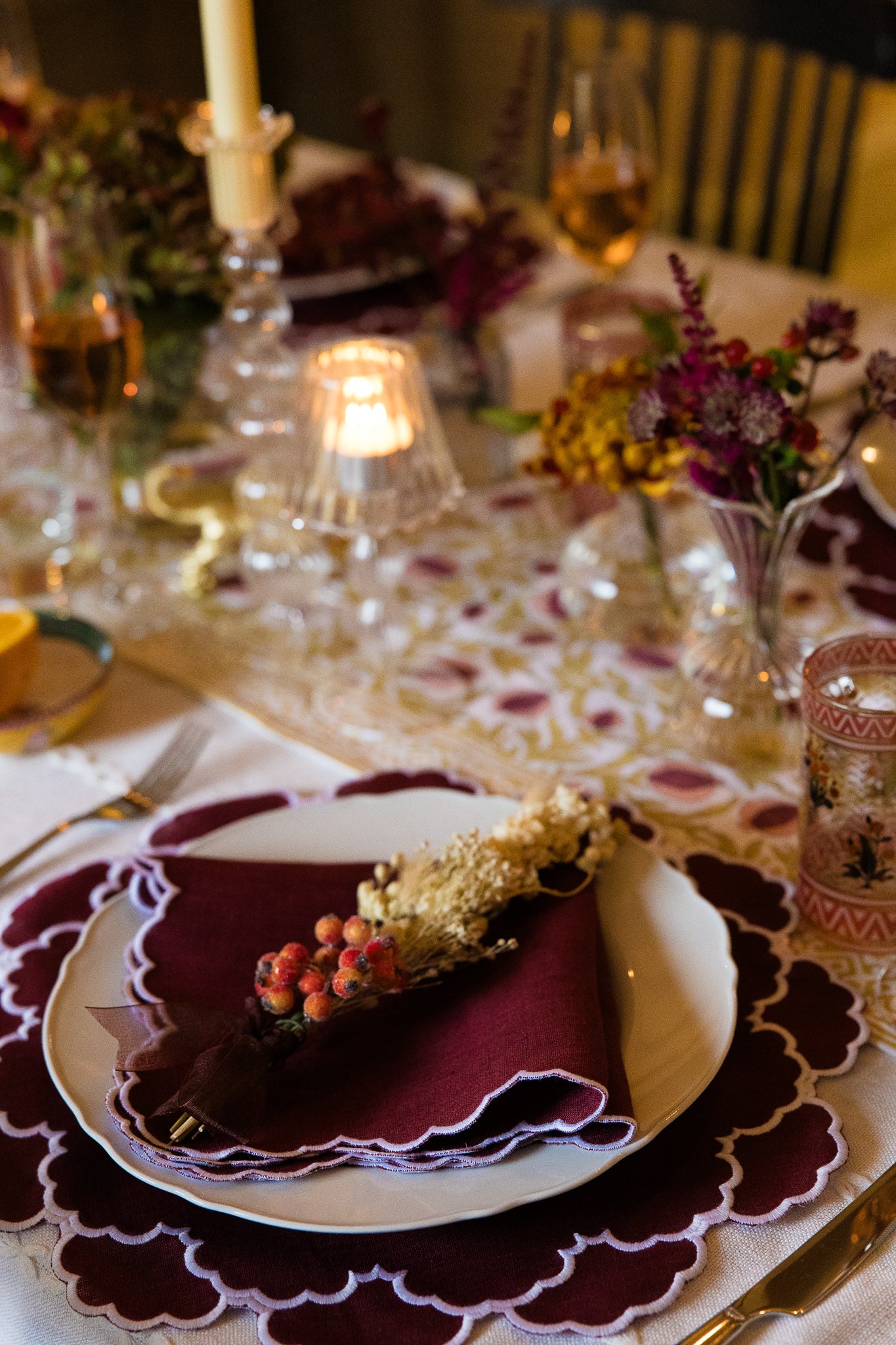 Burgundy, Embroidered Linen Napkins - Set of 4