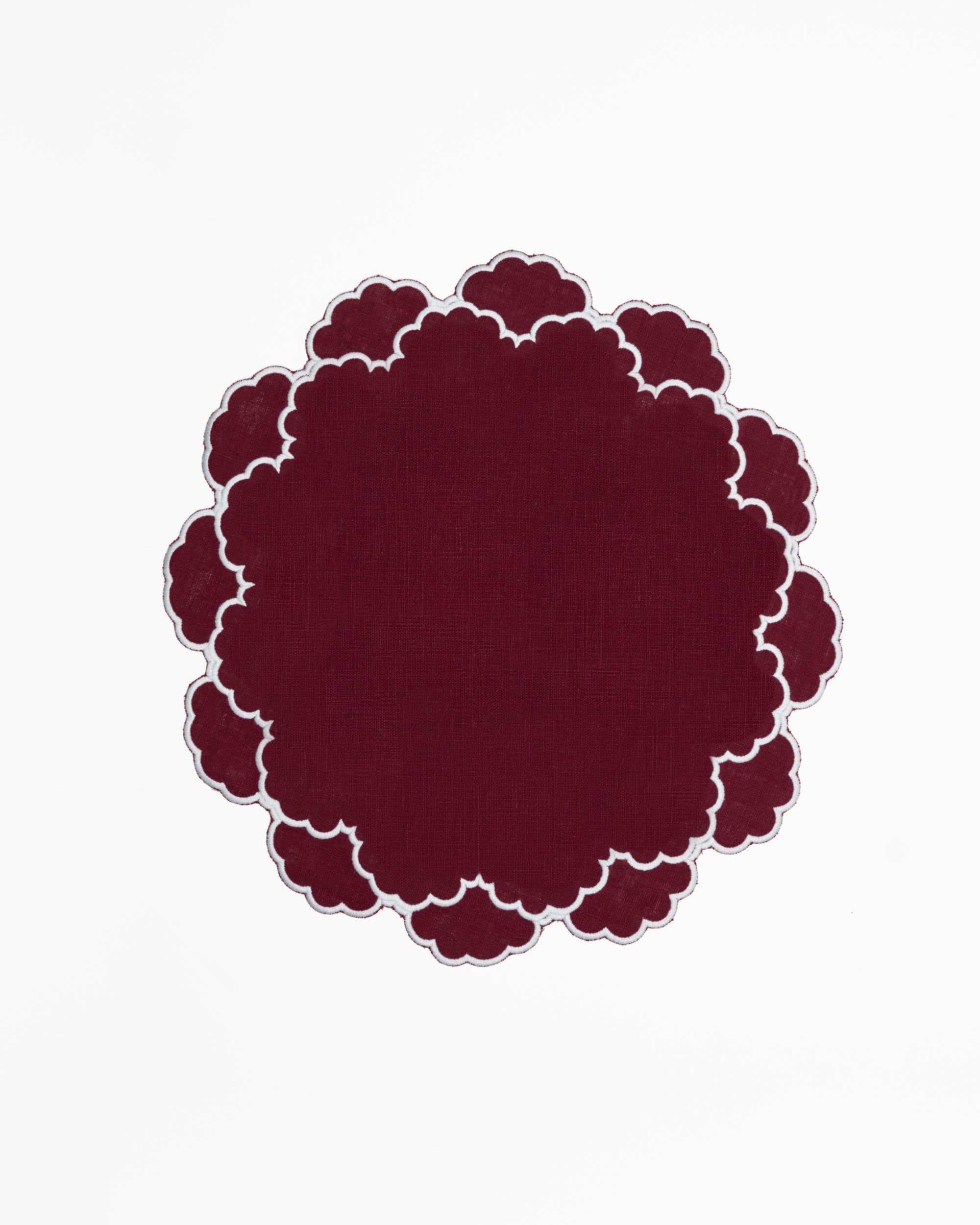 Burgundy, Round Scalloped Linen Placemats - Set of 2