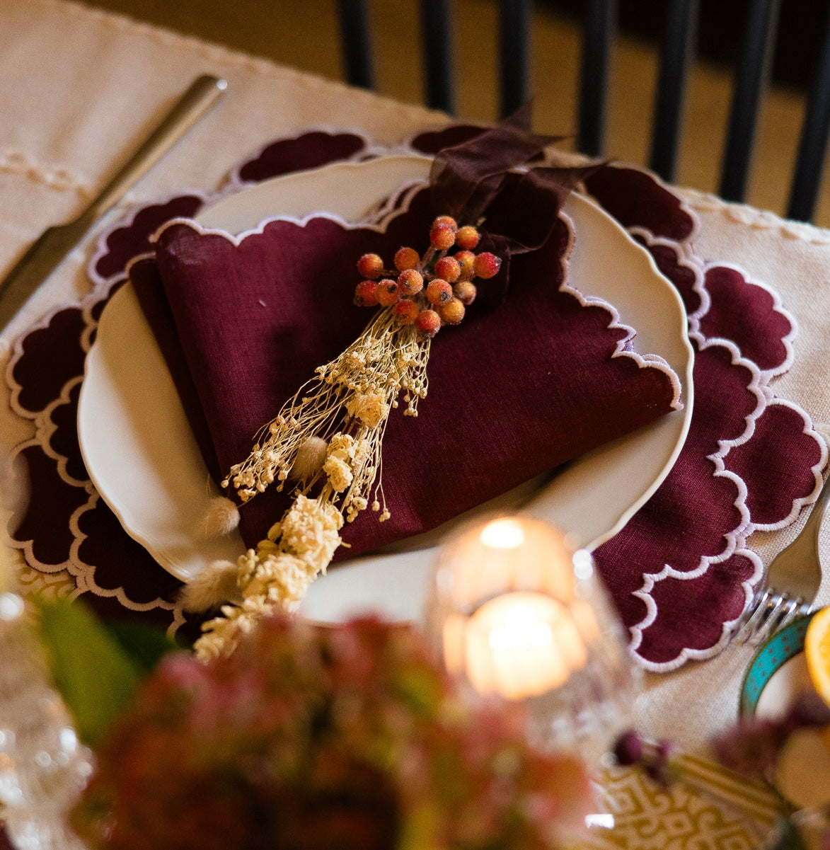 Autumn tablescape with Burgundy, Embroidered Linen Napkins with matching placemats