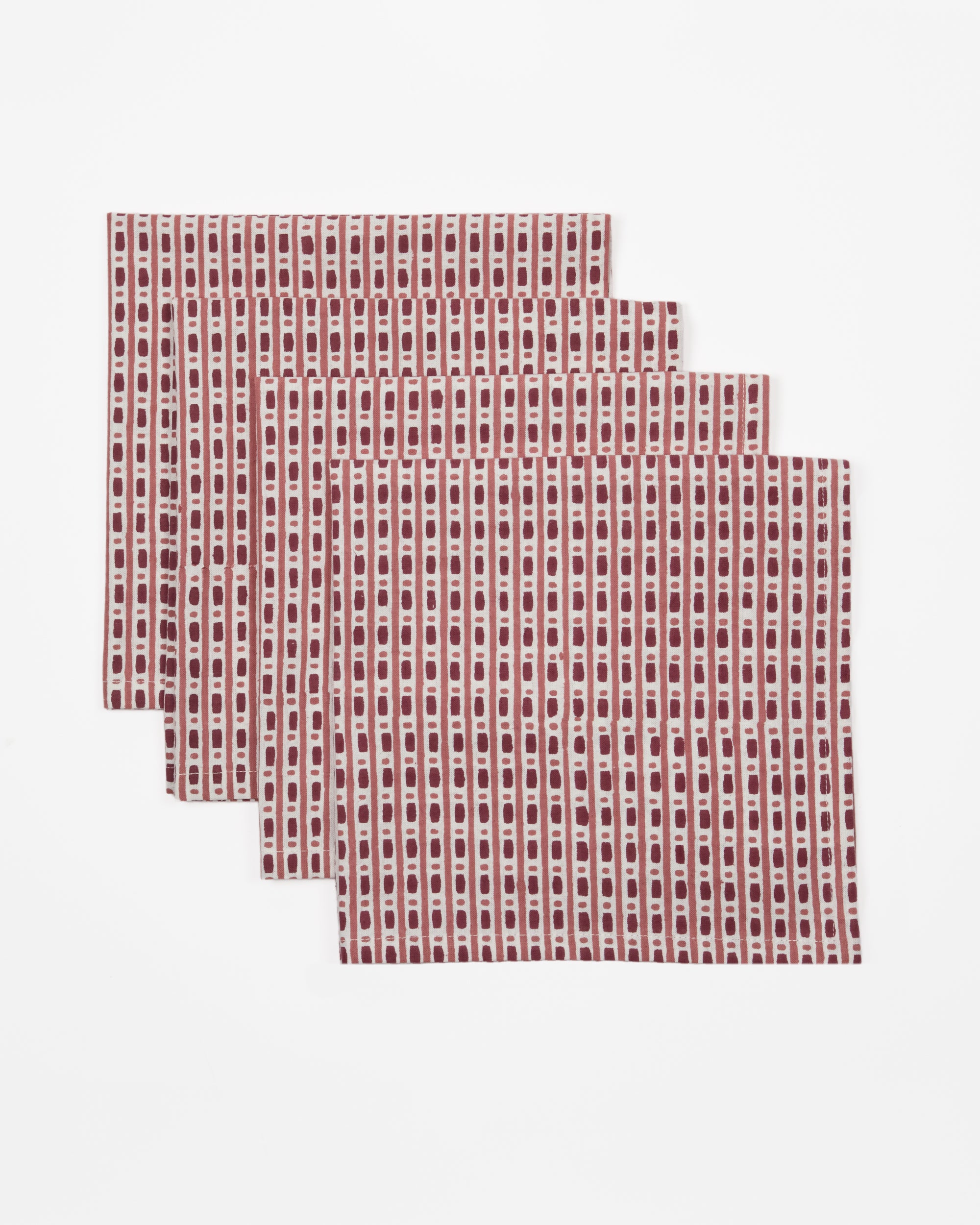 Burgundy and Rose Dash and Dot Block Printed Cotton Napkins Set of 4
