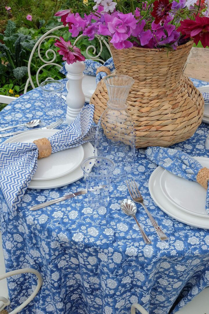 Blue & White Cotton Floral Printed Tablecloth