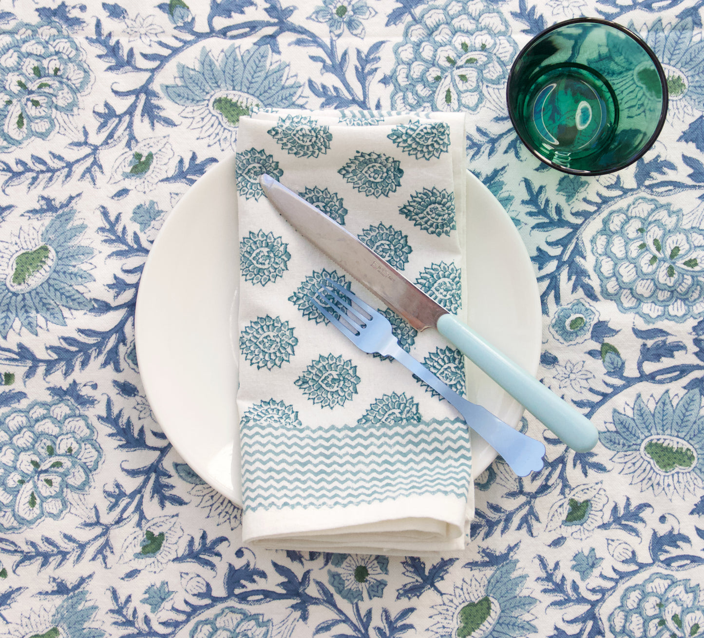 Block Printed Cotton Tablecloth in Sunny Day Floral Print