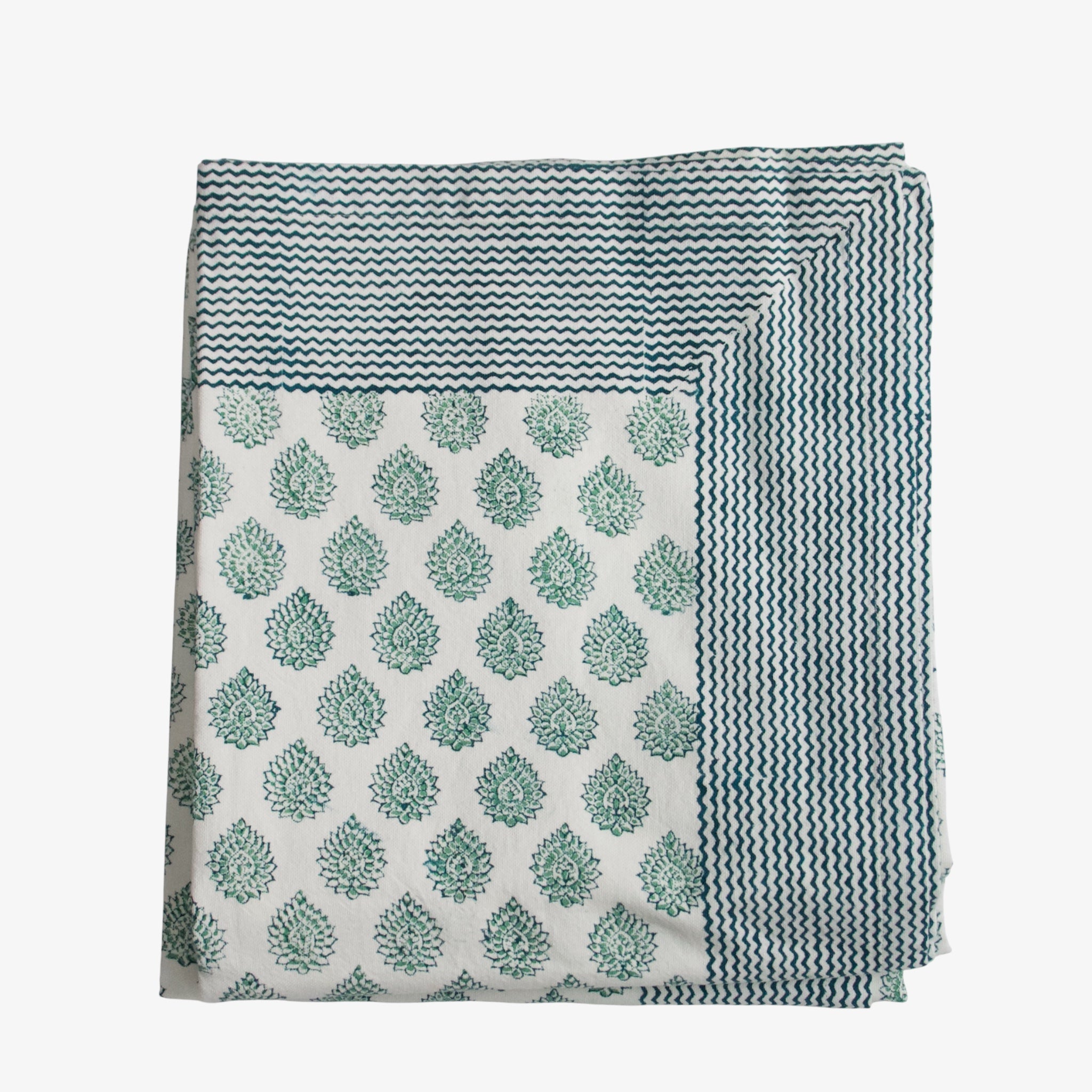 Extra Large Block Printed Cotton Tablecloth in Lotus Green