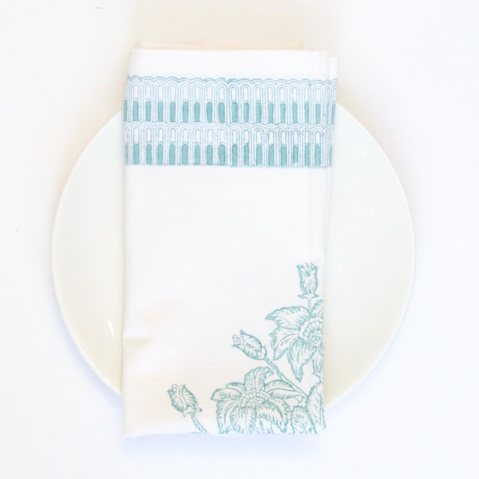 Pale Turquoise Printed Tree of Life Cotton Block Printed Napkins - Set of 4