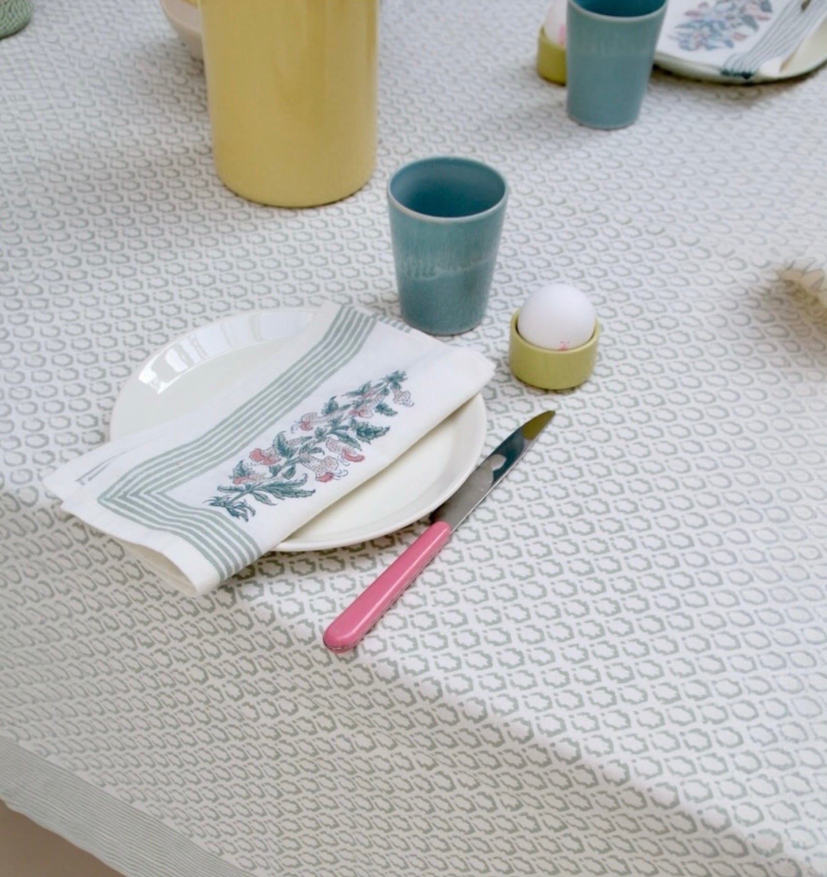 Dusky Green Crown - Block Printed Cotton Tablecloth - Extra Large