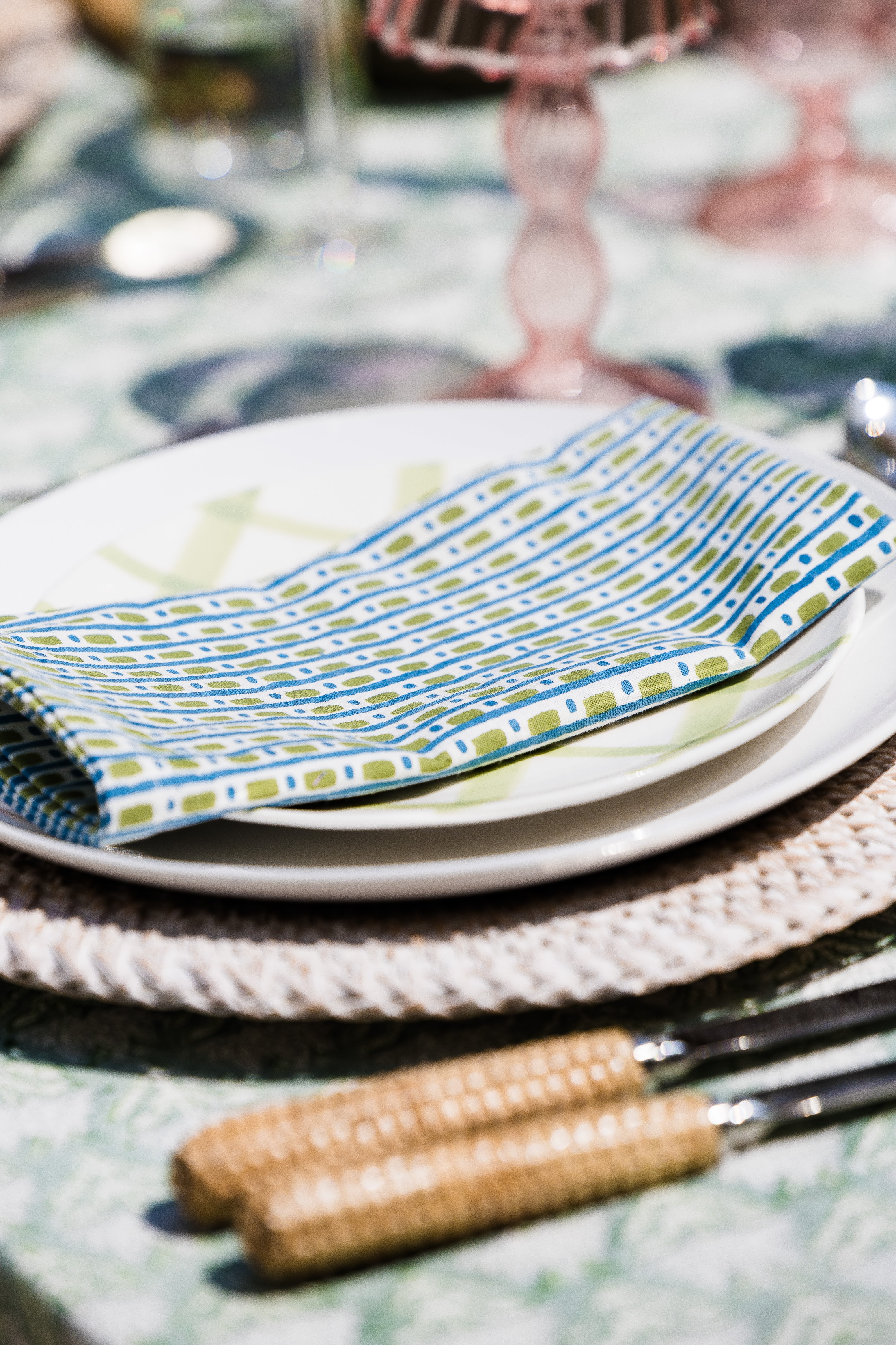 Olive Green Dash & Dot - Block Printed Cotton Napkins - Set of 4