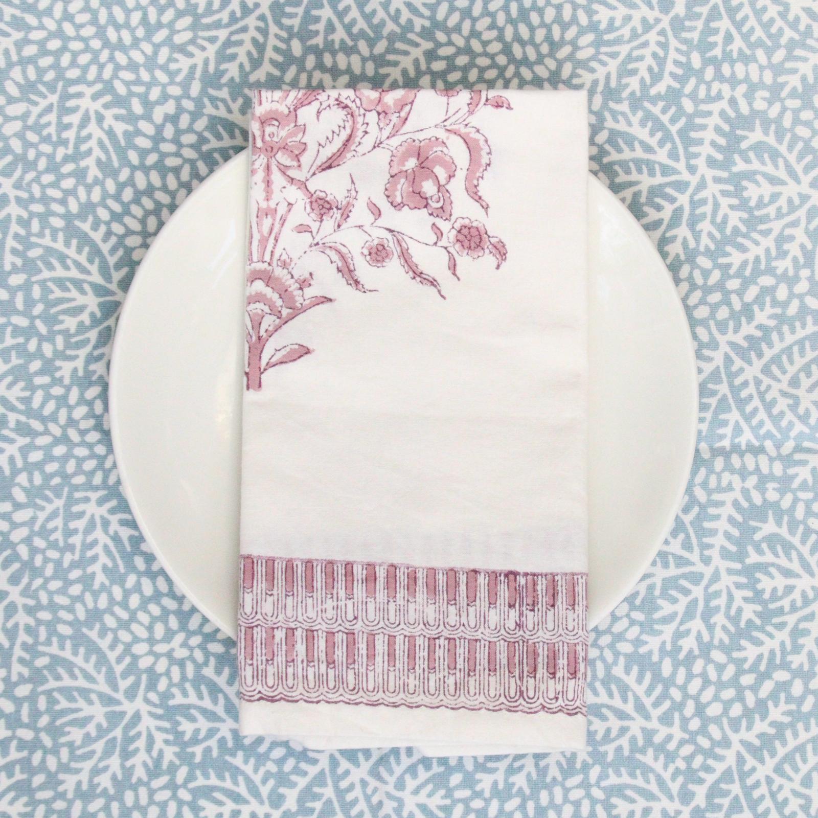 Varmala Rose Cotton Block Printed Napkins - Set of 4
