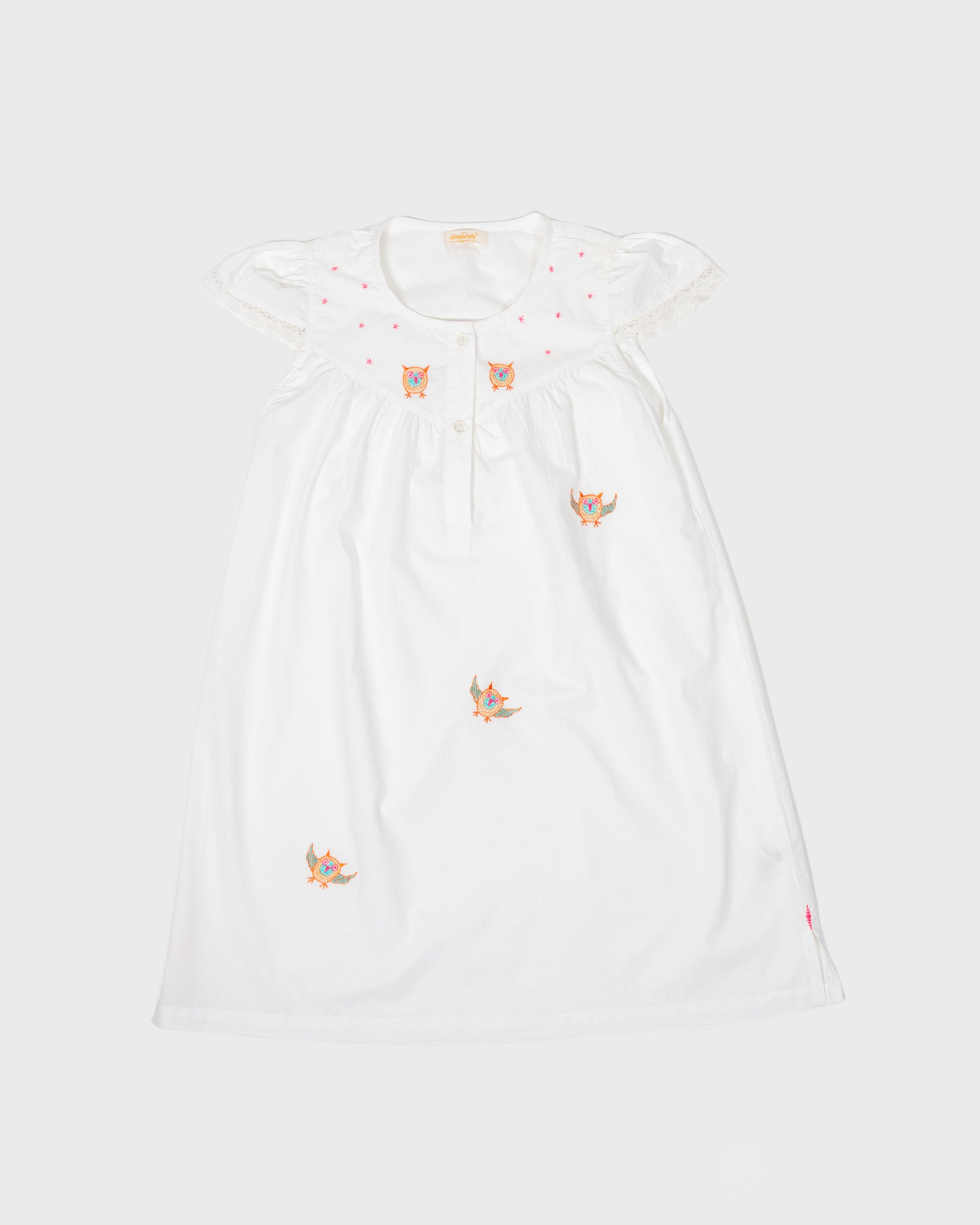 Girls Embroidered Owl Nighty - Soft White Cotton