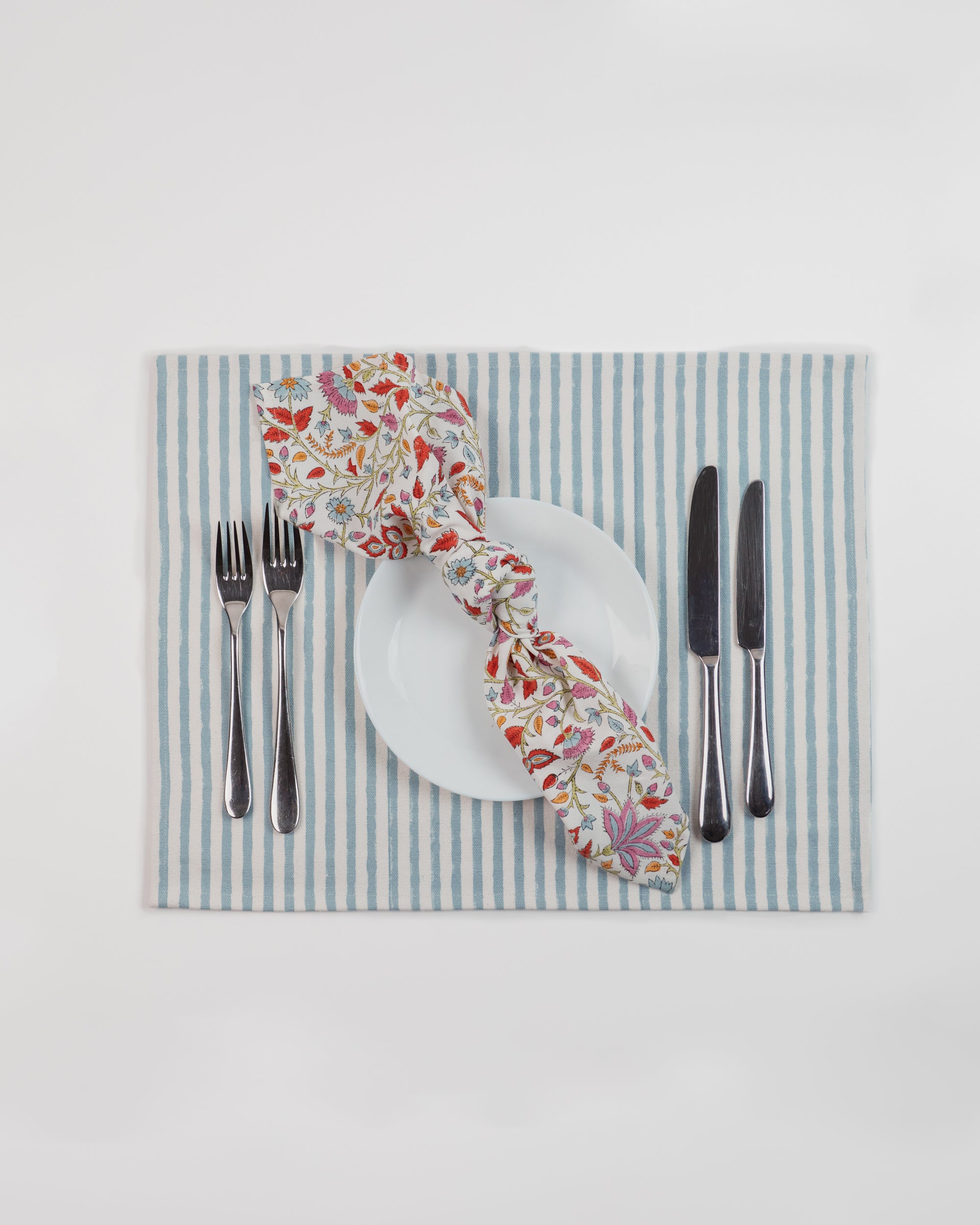 Floral & Stripe - Block Printed Cotton Napkins - Set of 4