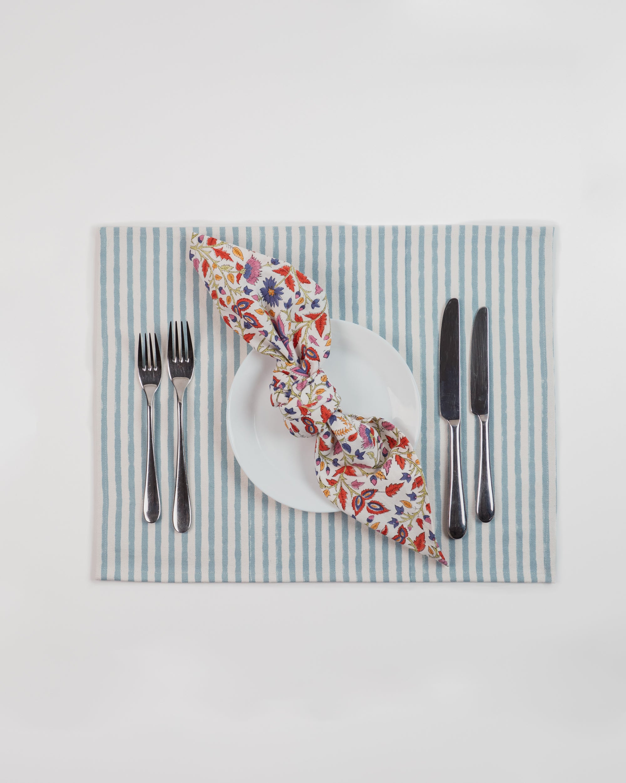 Floral & Indigo Stripe - Block Printed Cotton Napkins - Set of 4