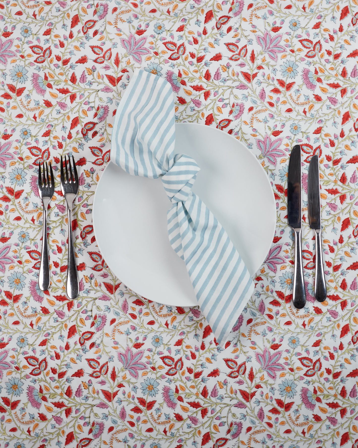 Flowers of India Tablecloth - Duck Egg Blue & Burnt Orange