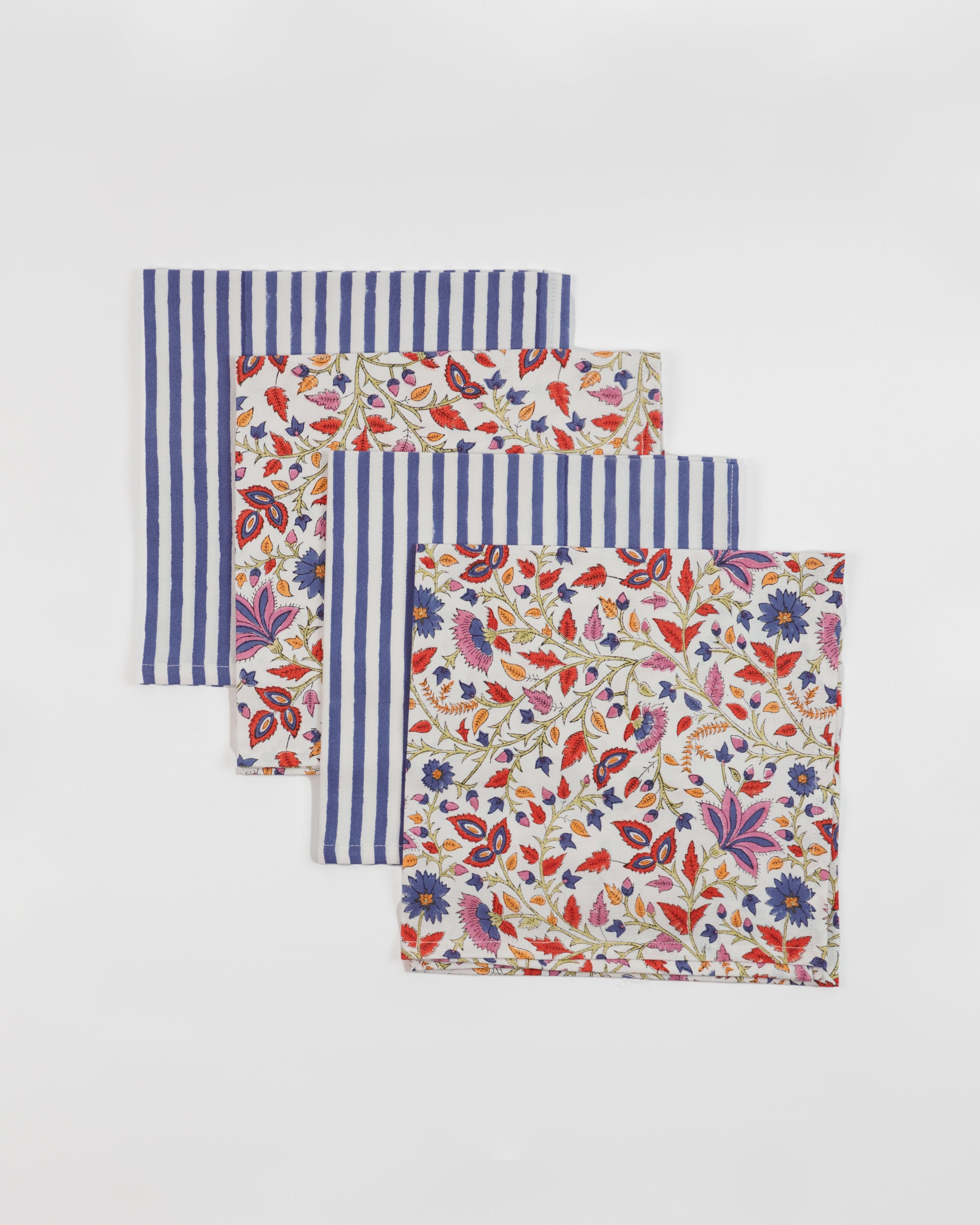 Floral & Indigo Stripe - Block Printed Cotton Napkins - Set of 4