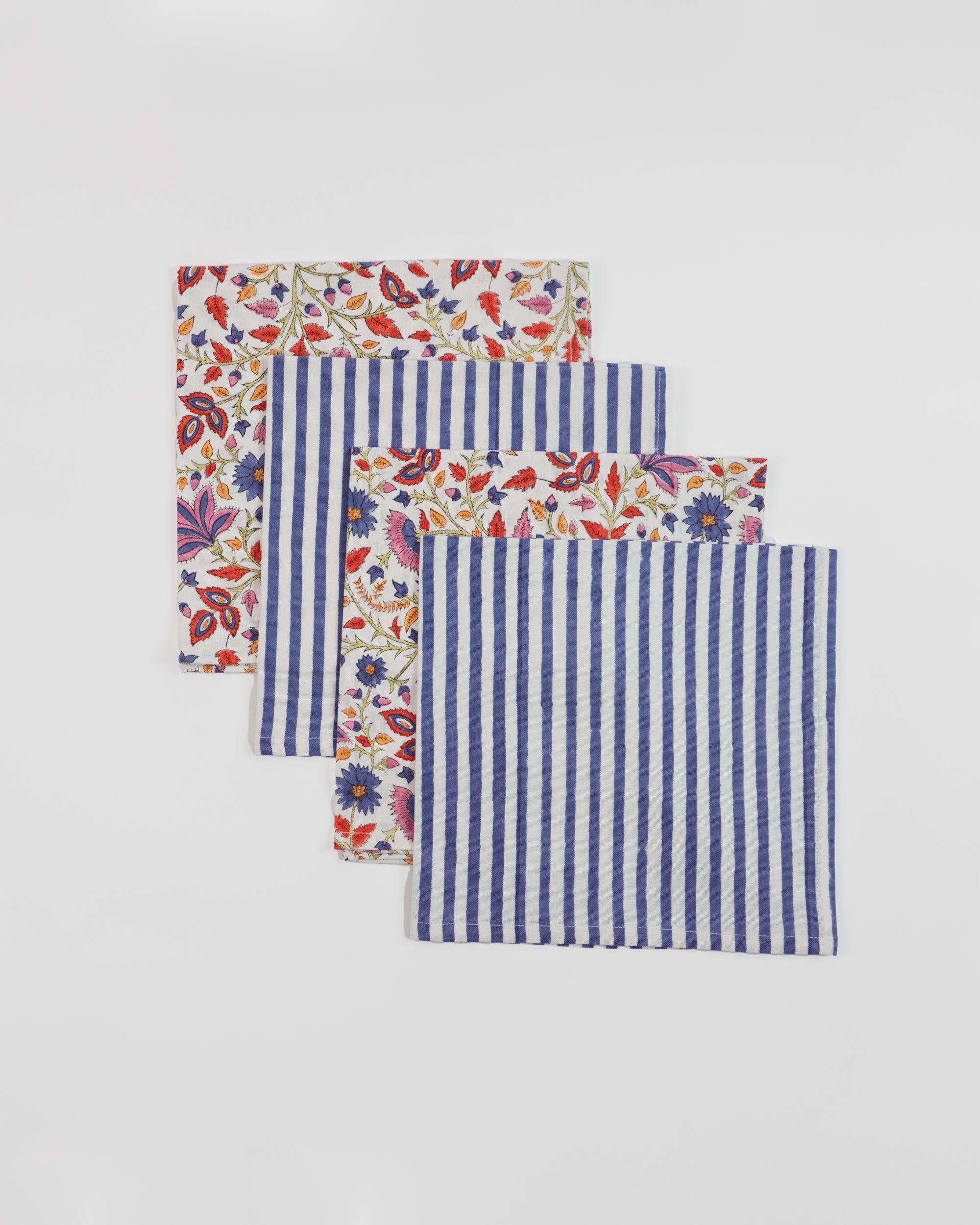 Floral & Indigo Stripe - Block Printed Cotton Napkins - Set of 4