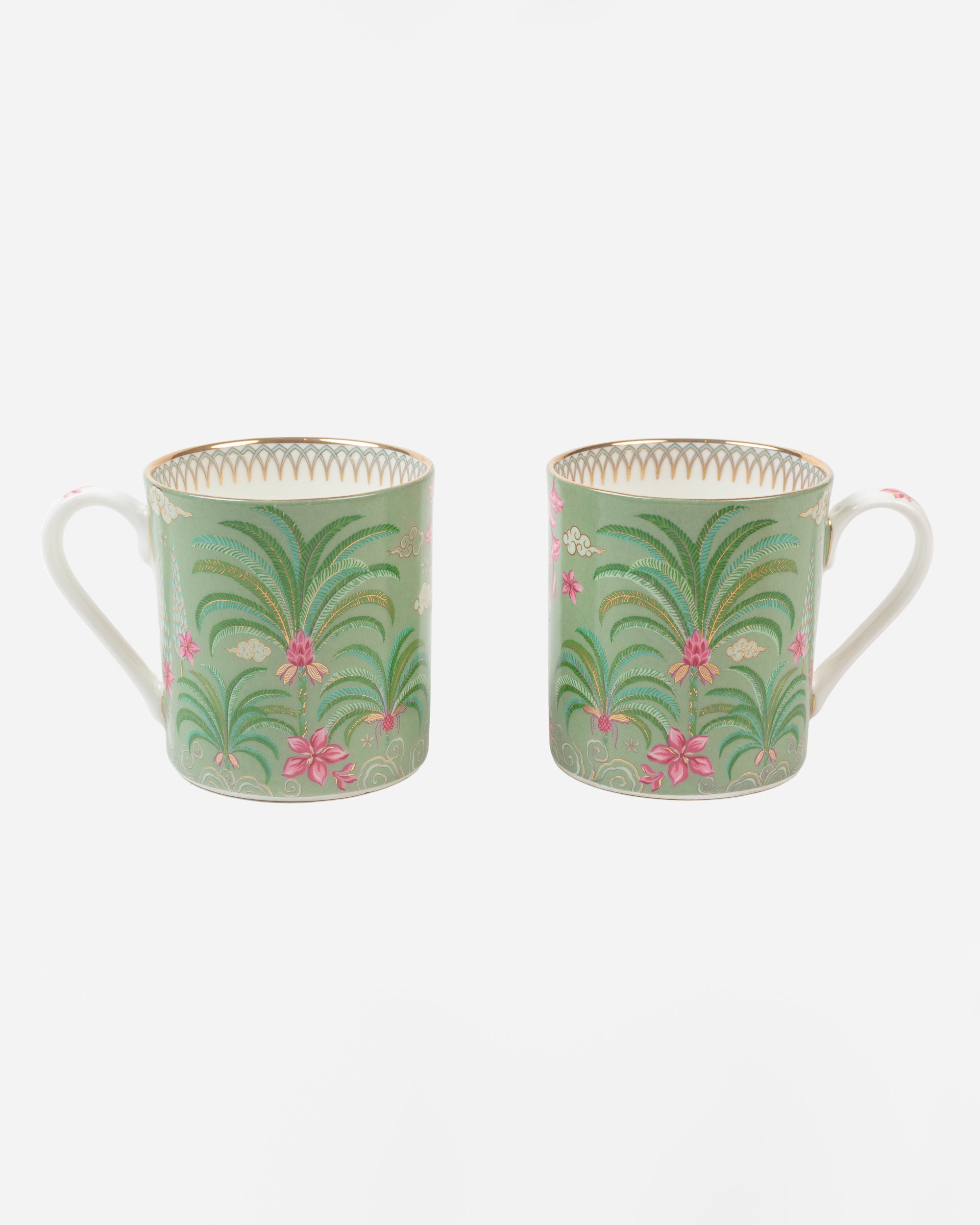 Set of 2 Fine Bone China Palm Mugs in Green