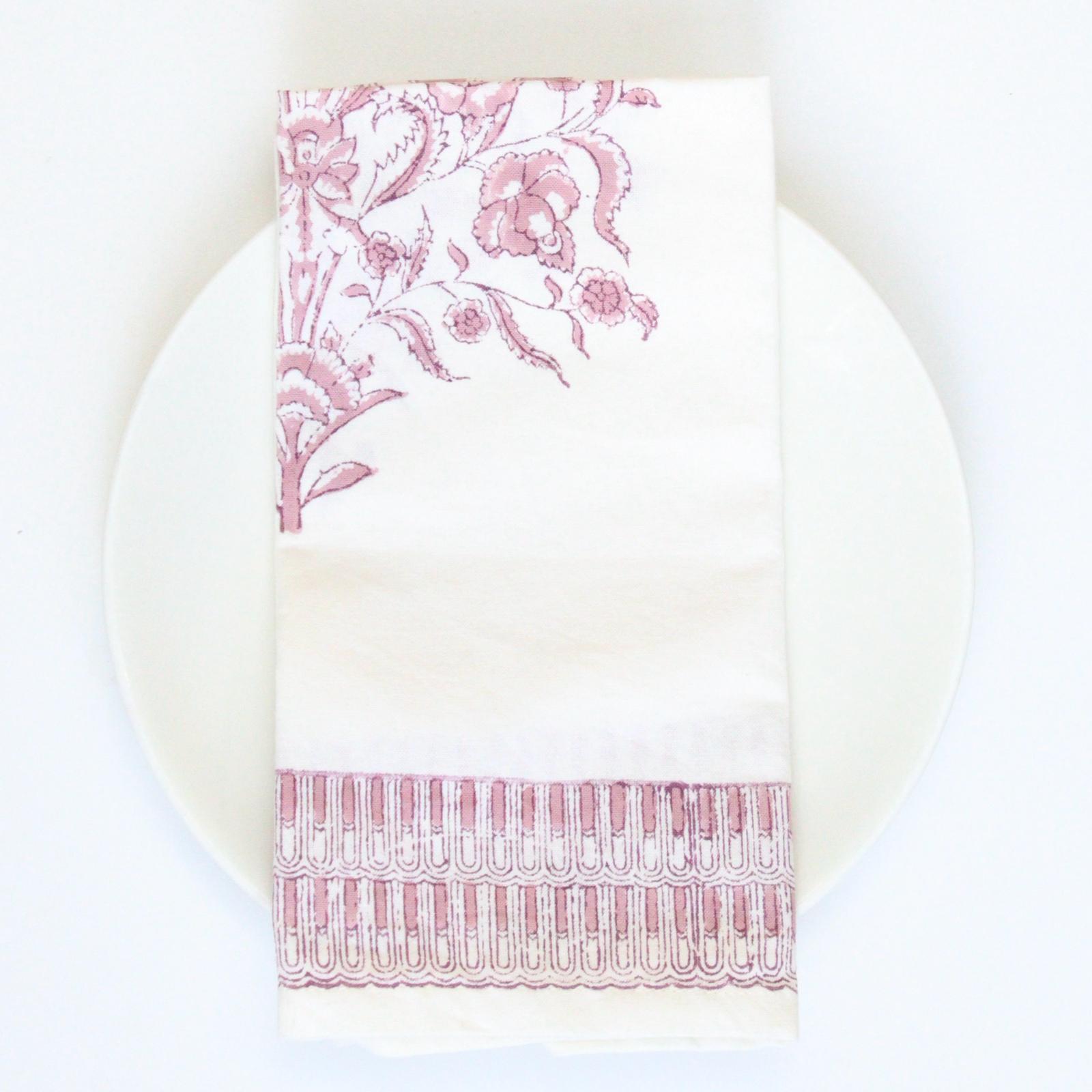 Varmala Rose Block Printed Cotton Napkins - Set of 4