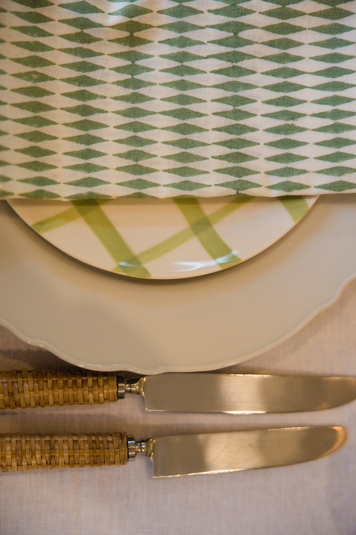 Sage Green Harlequin Pattern - Block Printed Cotton Napkins with rattan cutlery