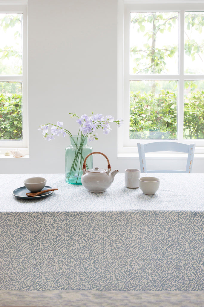 Mineral Blue Floral Cotton Block Printed Tablecloth