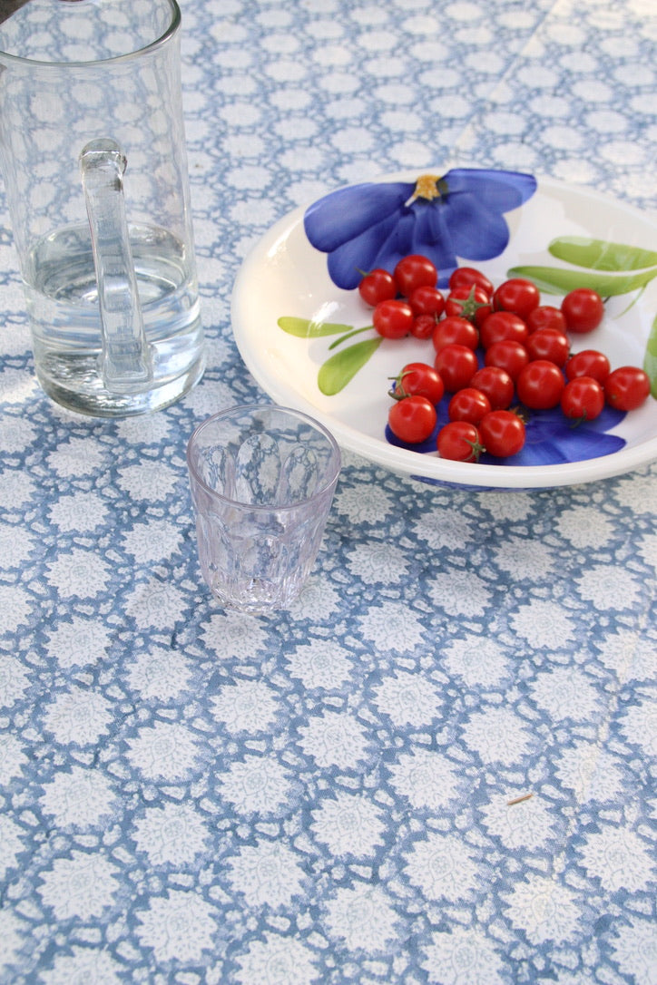 Breezy Bluestone block printed tablecloth