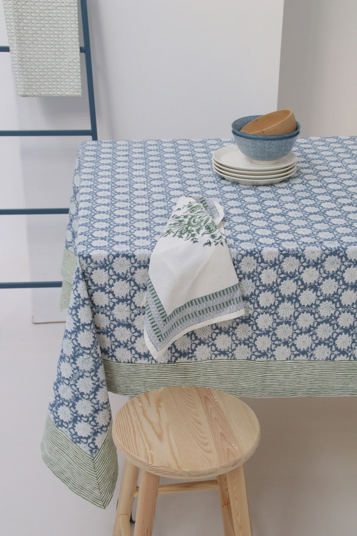 Breezy Bluestone block printed tablecloth 2