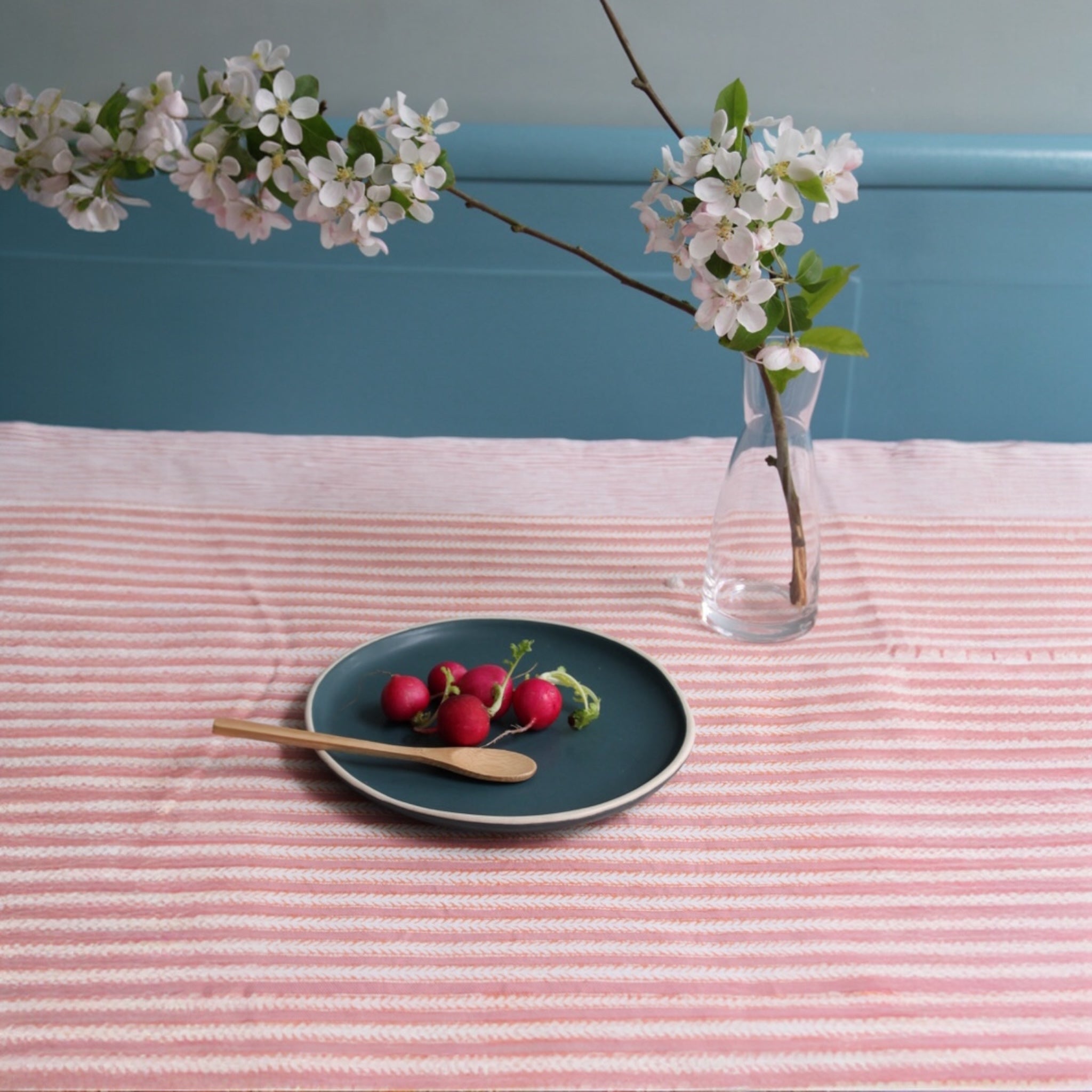 Pink Stripe Cotton Block Printed Tablecloth - Extra Large
