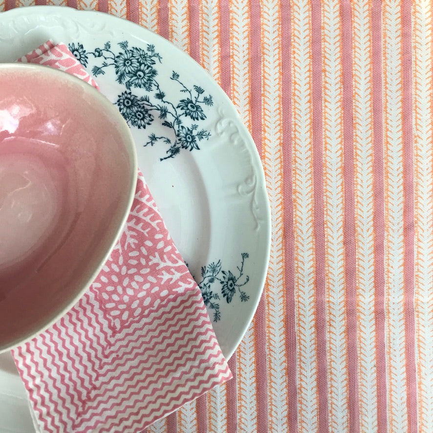 Pink Stripe Cotton Block Printed Tablecloth - Extra Large
