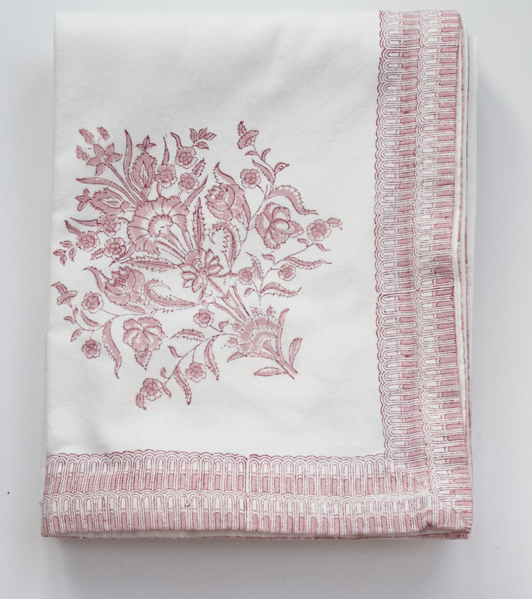 Varmala Rose Cotton Block Printed Tablecloth - Extra Large