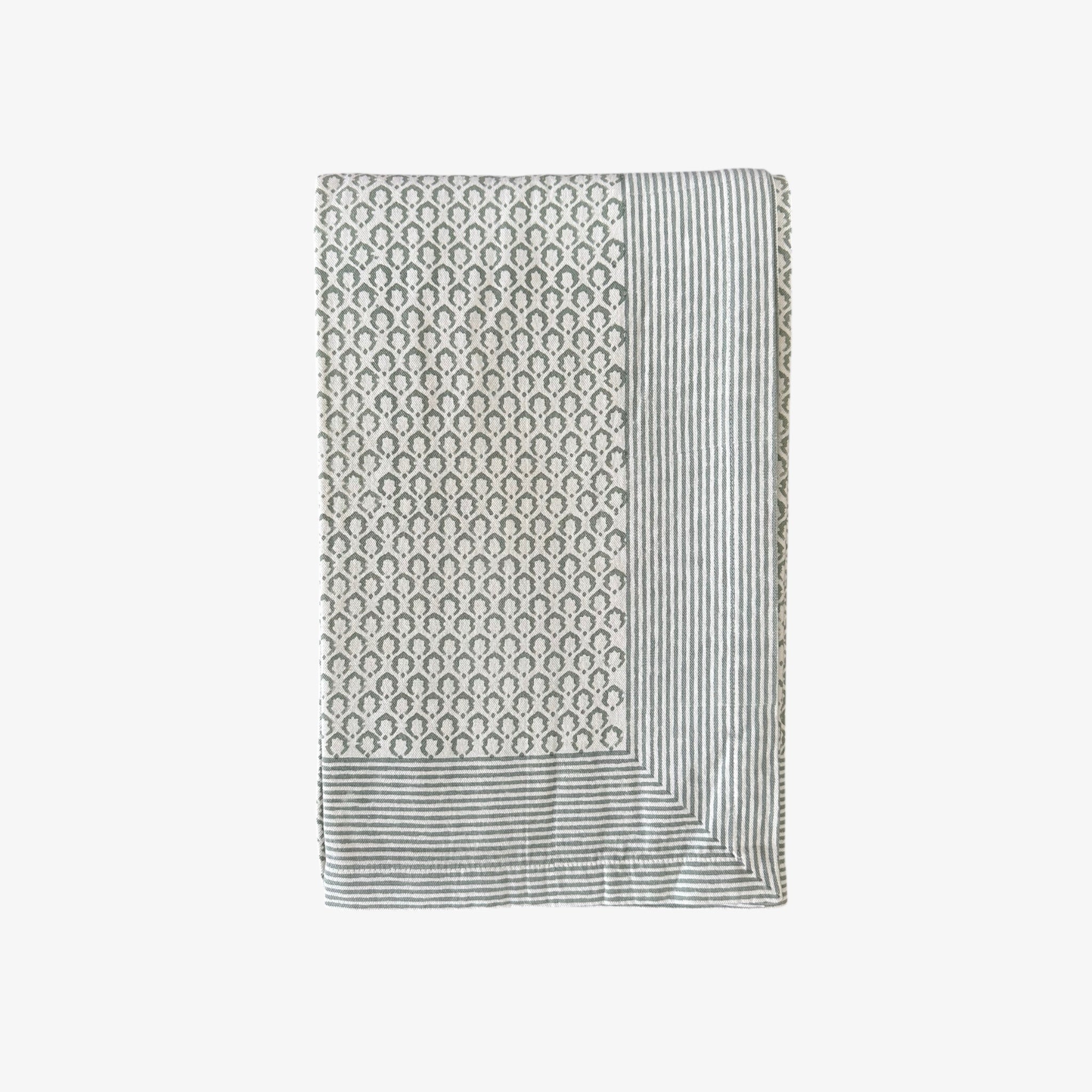 Dusky Green Crown - Block Printed Cotton Tablecloth - Extra Large