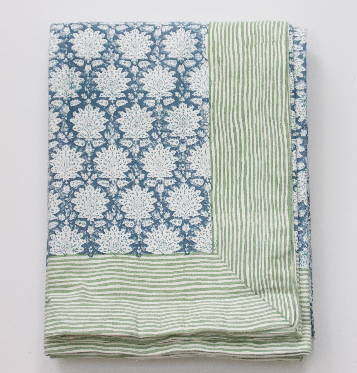 Breezy Bluestone block printed tablecloth cut out
