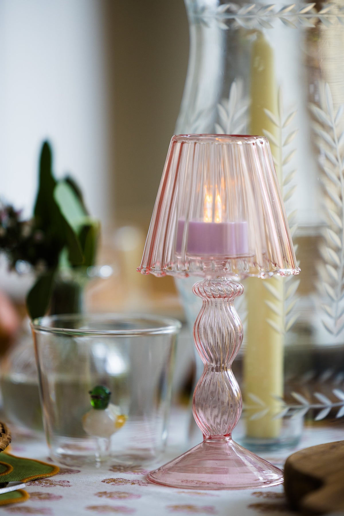 Pink Glass Lantern Tea Light Holder - Set of 2