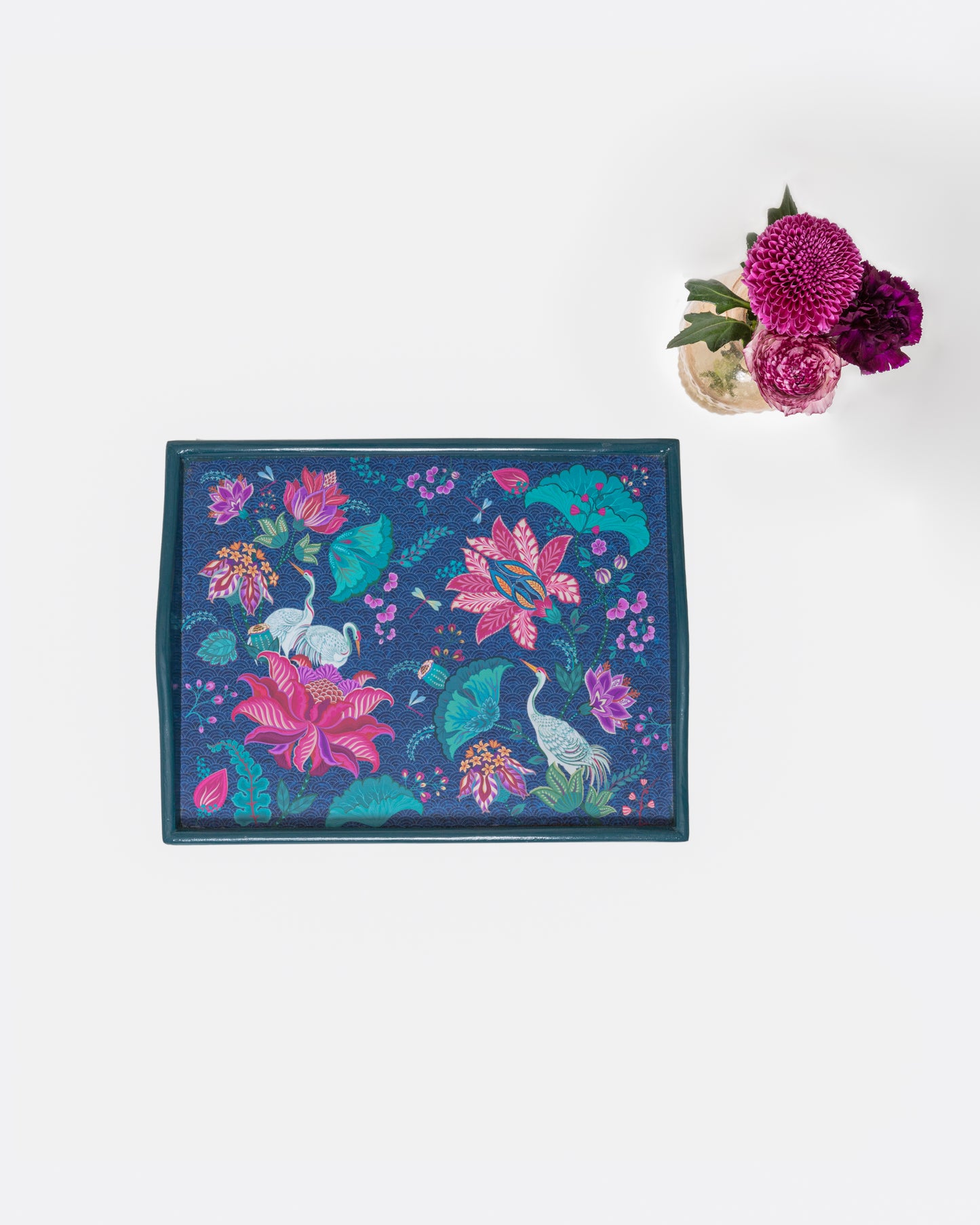 Navy Blue Wooden Tray - Swans & Dragonflies