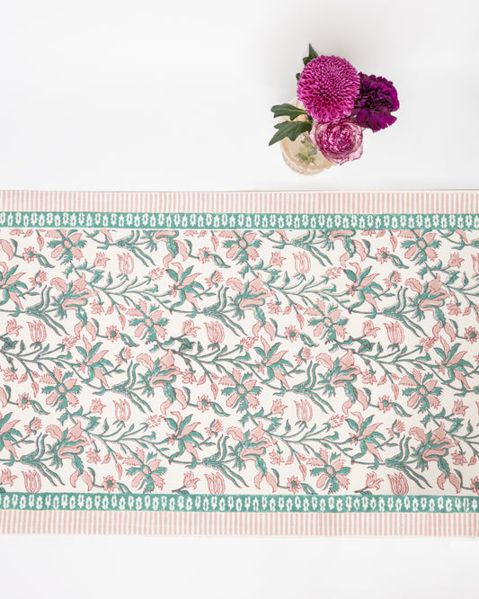 Block Printed Cotton Floral Table Runner in Blush Jaipur Florals