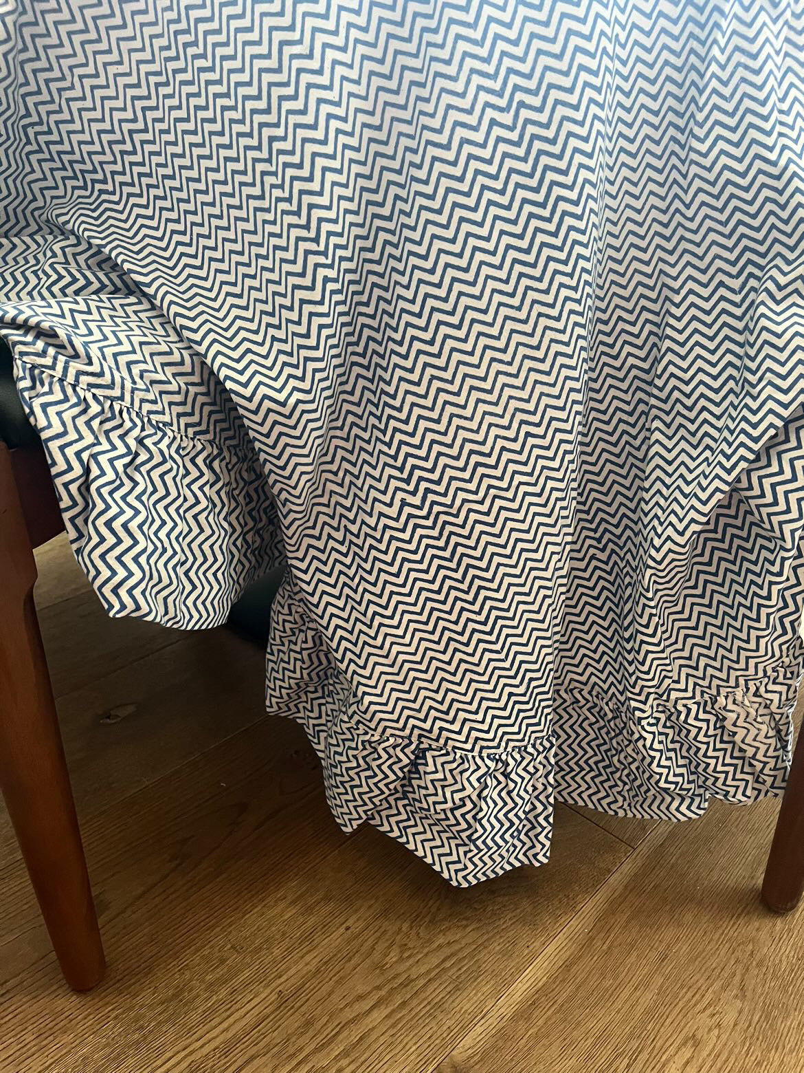 Round Table Cloth - White and Navy Zig Zag Block Print