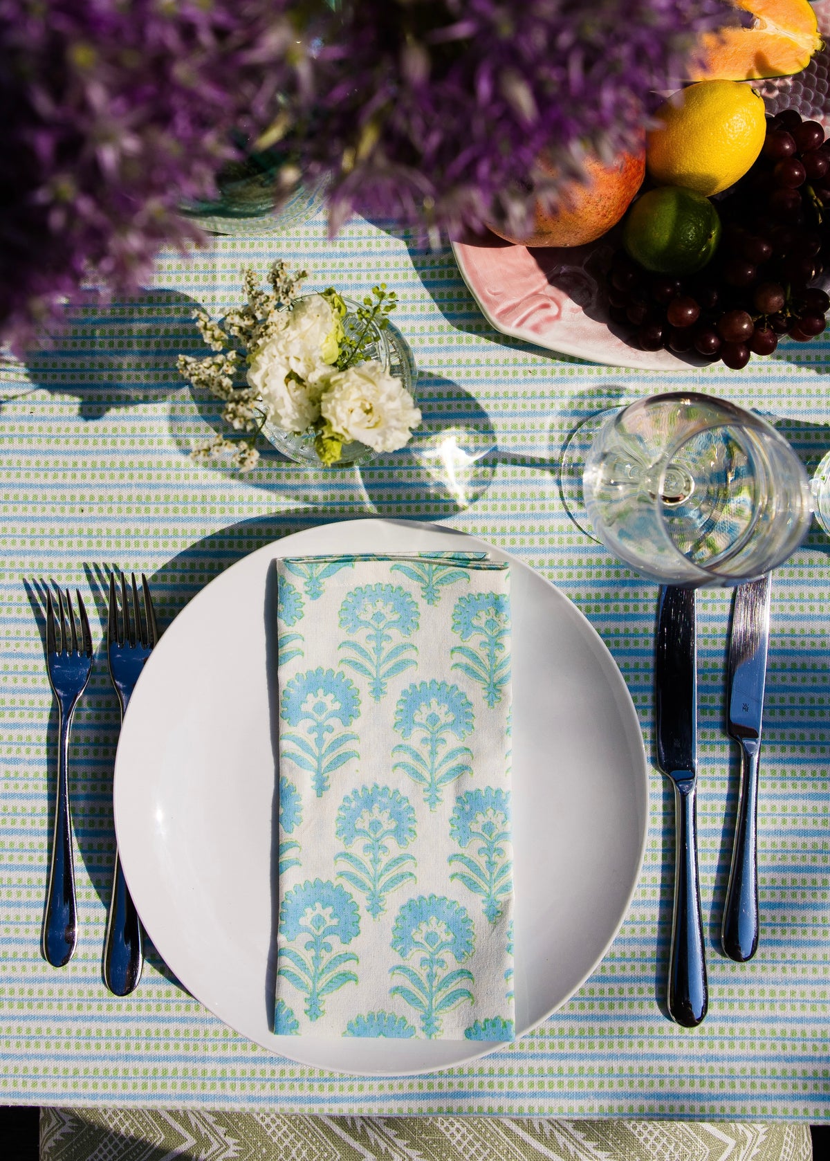 Contemporary blue floral block printed cotton napkins, set of four, folded detail