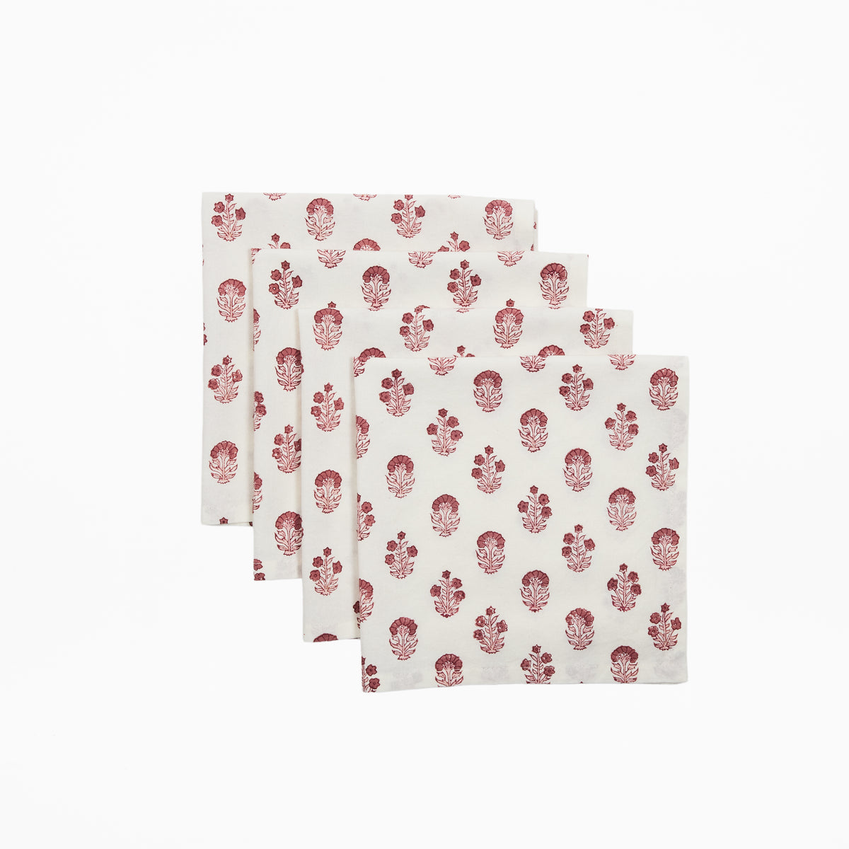 Rose and berry red ditsy floral hand block printed cotton napkins, set of 4, by Rosie Dalia