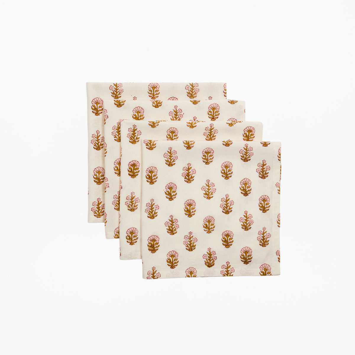 Rose pink and harvest gold ditsy floral hand block printed cotton napkins, set of 4, by Rosie Dalia