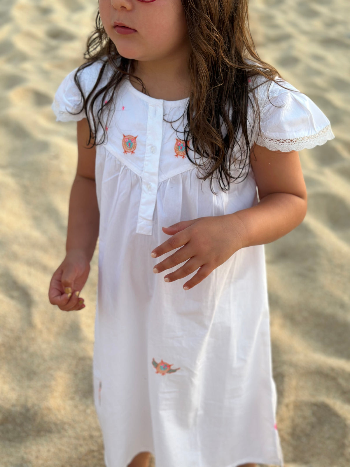 Girls embroidered owl nightie, fabric detail