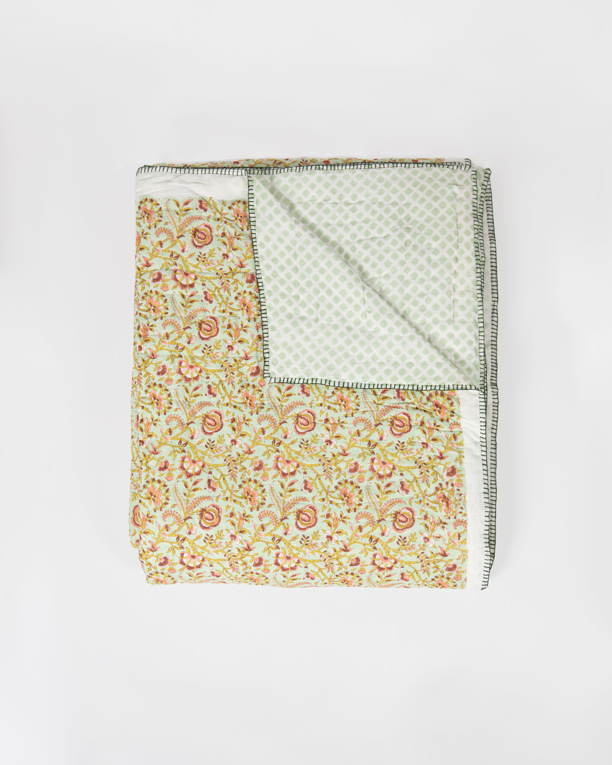 King size floral reversible hand block printed cotton quilt, 220x270cm, green side