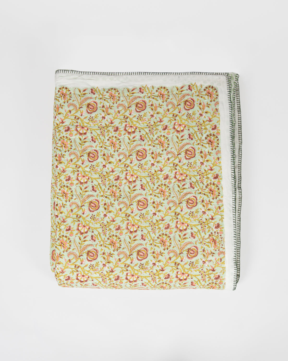 King size floral reversible hand block printed cotton quilt, pink floral side