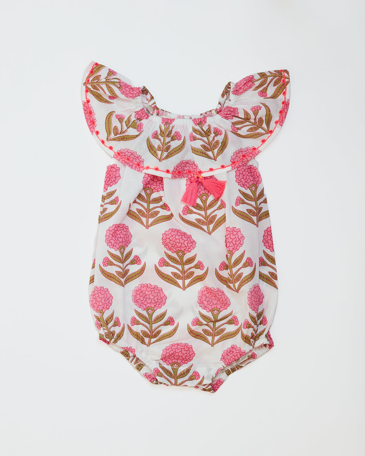 Cotton babygrow in pink floral print for babies, with frilled neckline