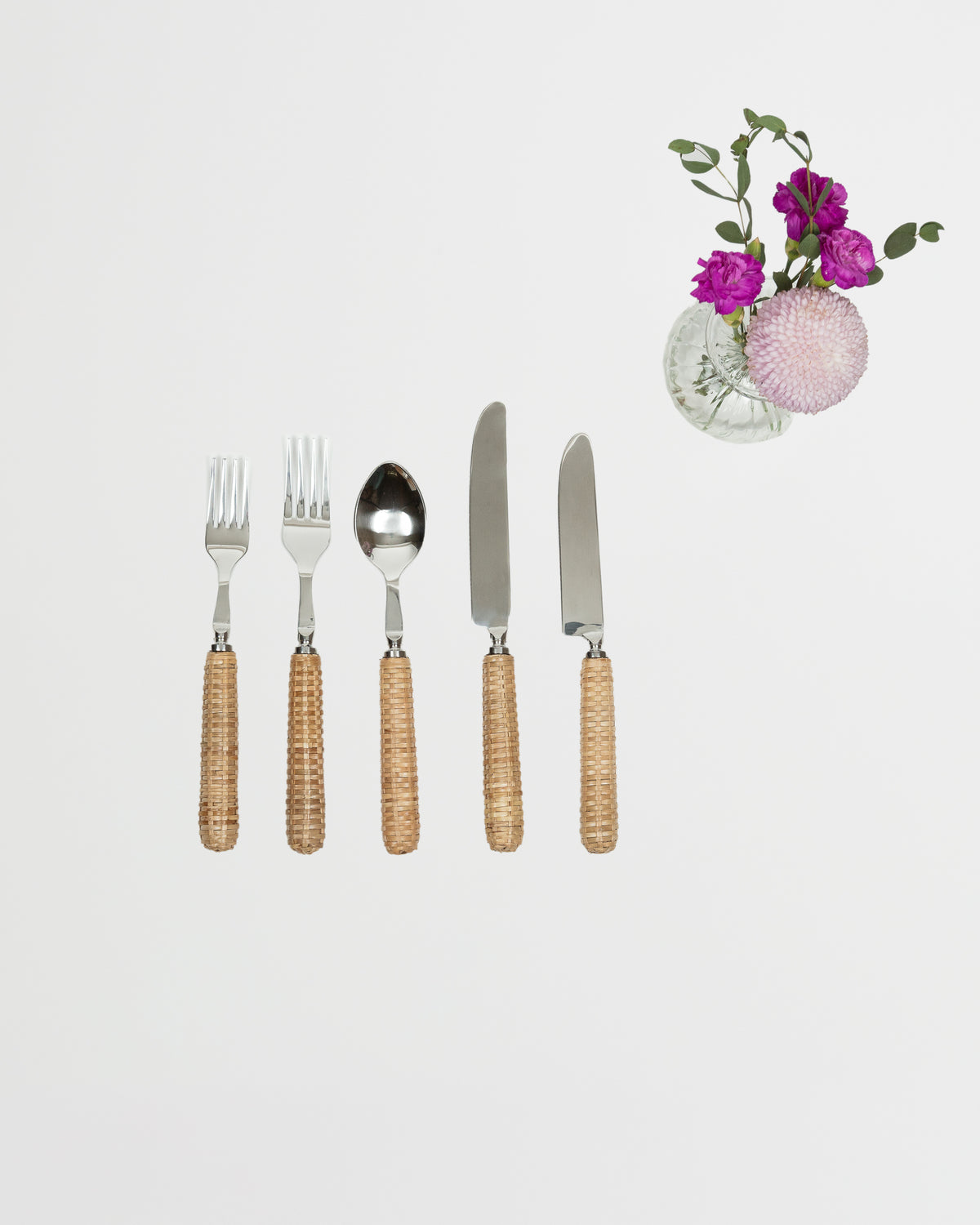 Rattan cutlery set, 5 piece, hand-woven natural rattan handles