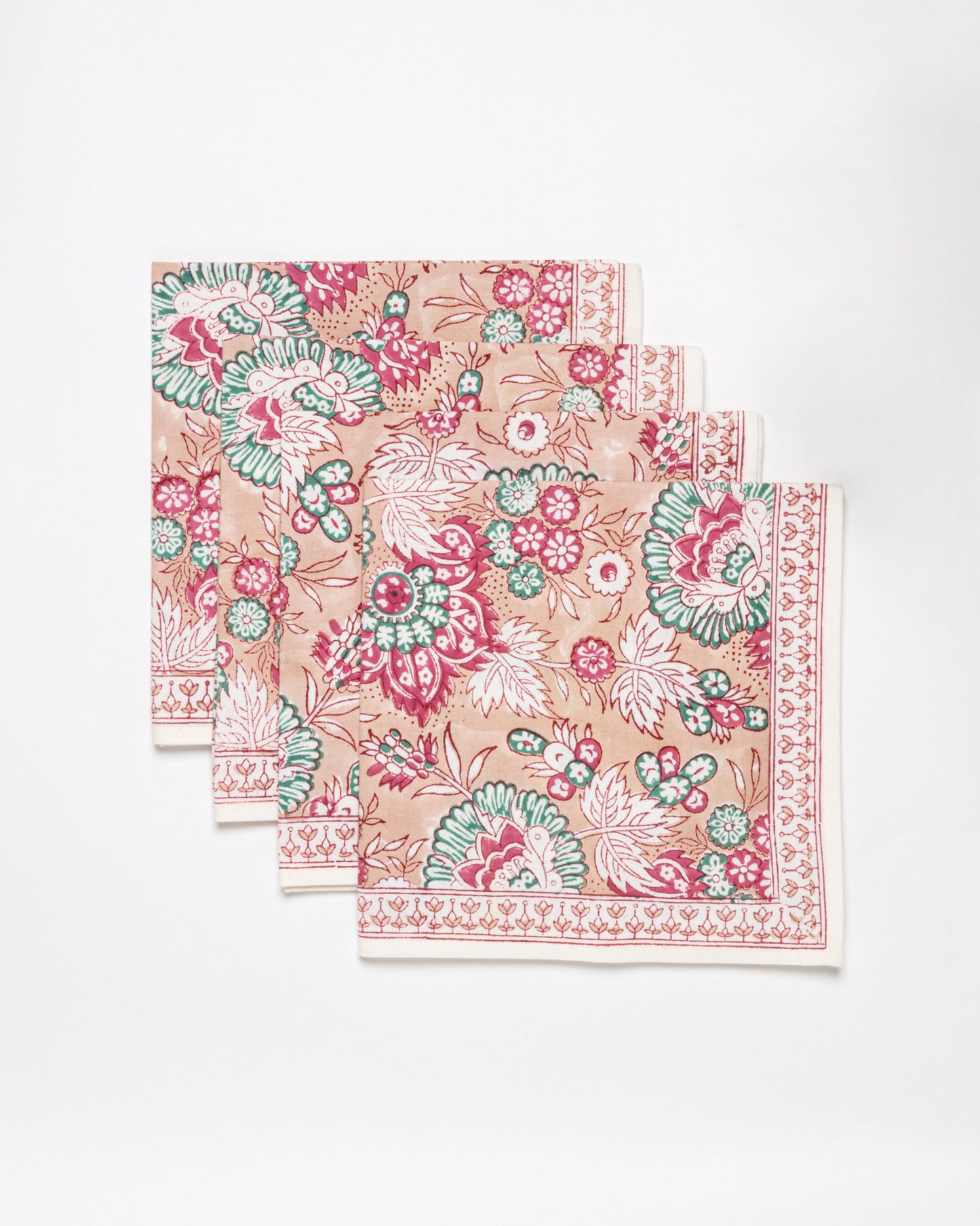 Set of 4 Block Printed Cotton Napkins in Blush Jaipur Flowers