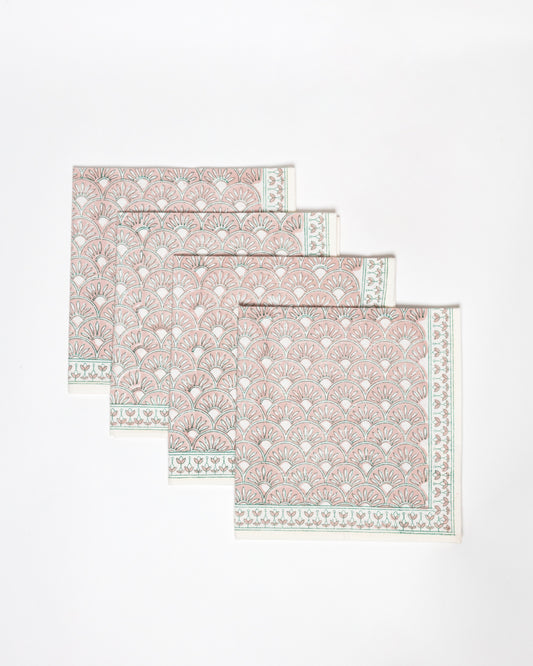 Set of 4 Block Printed Cotton Napkins in Geometric Blush & Turquoise