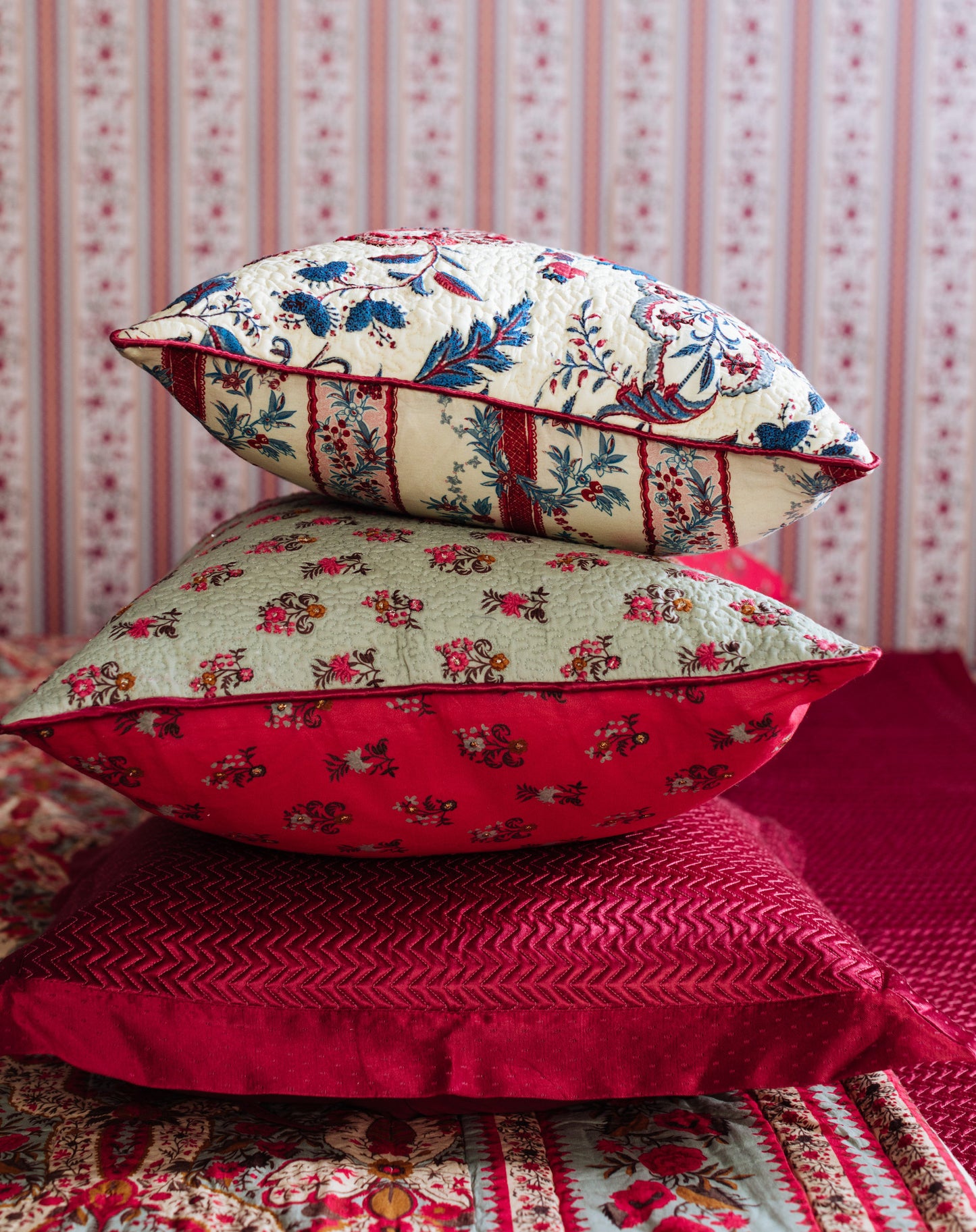 Embroidered Cotton Voile Cushion in Pink