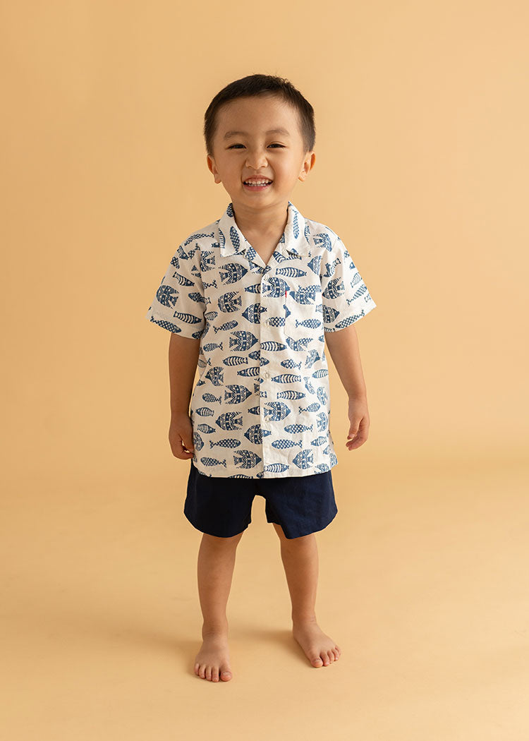 Boys Cotton Shirt in Ink Fish Blue Print