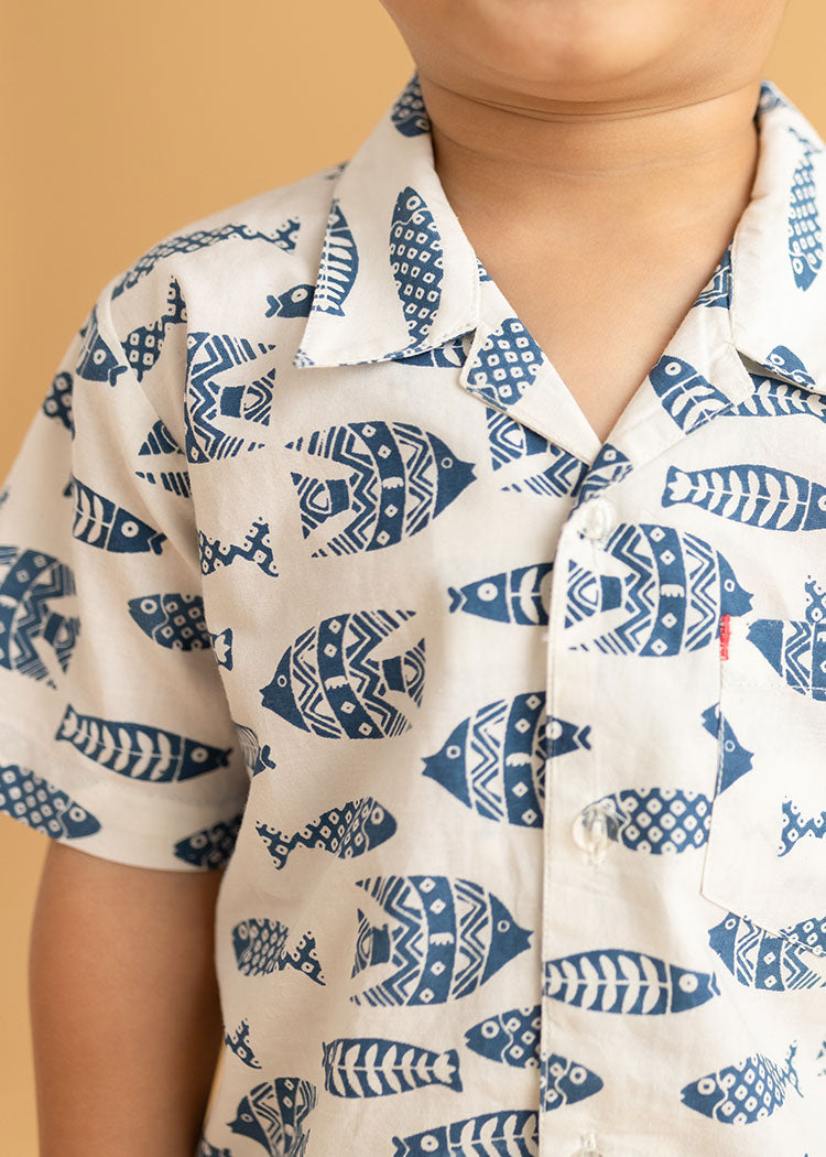 Boys Cotton Shirt in Ink Fish Blue Print
