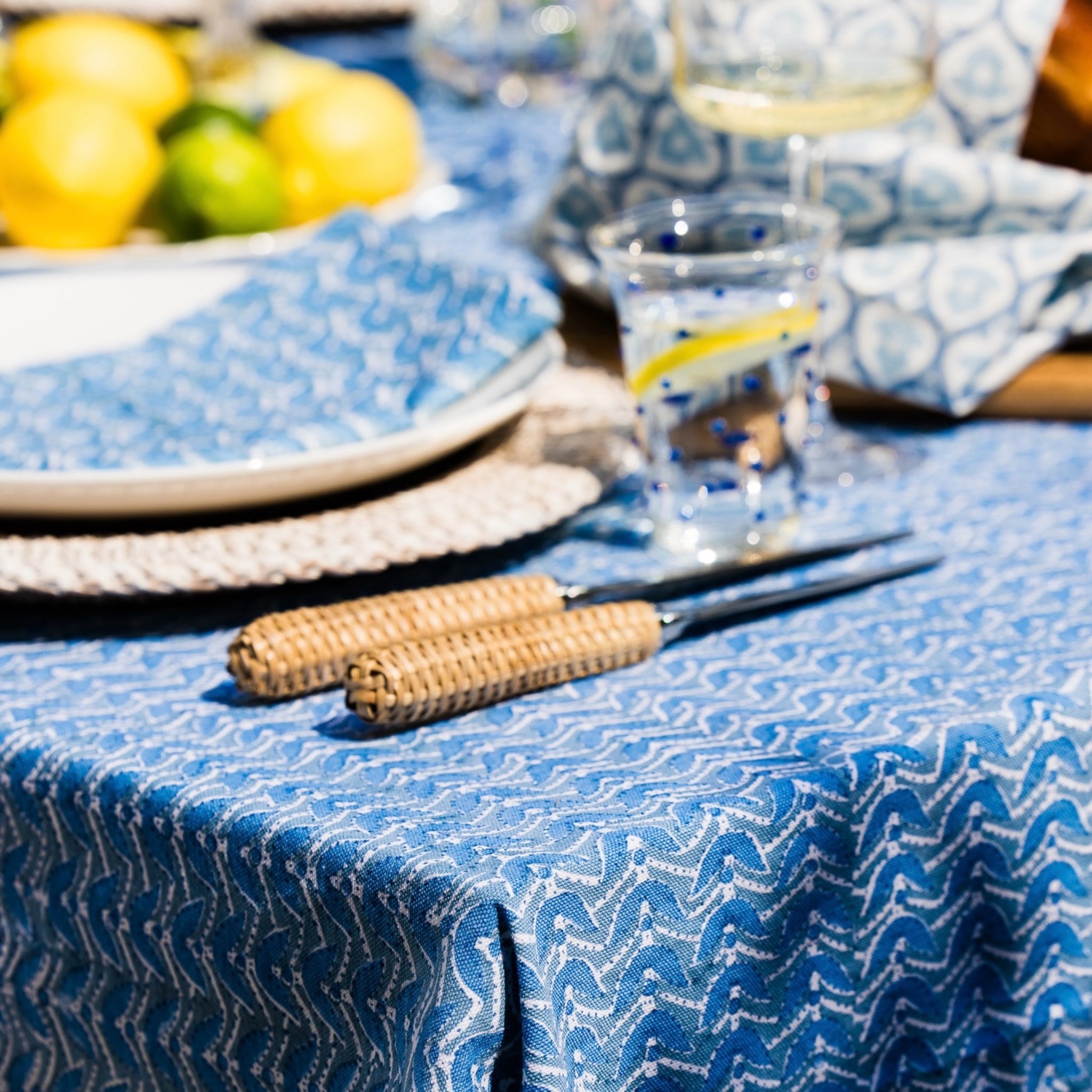 Geometric Blue & Grey Block Printed Cotton Tablecloth