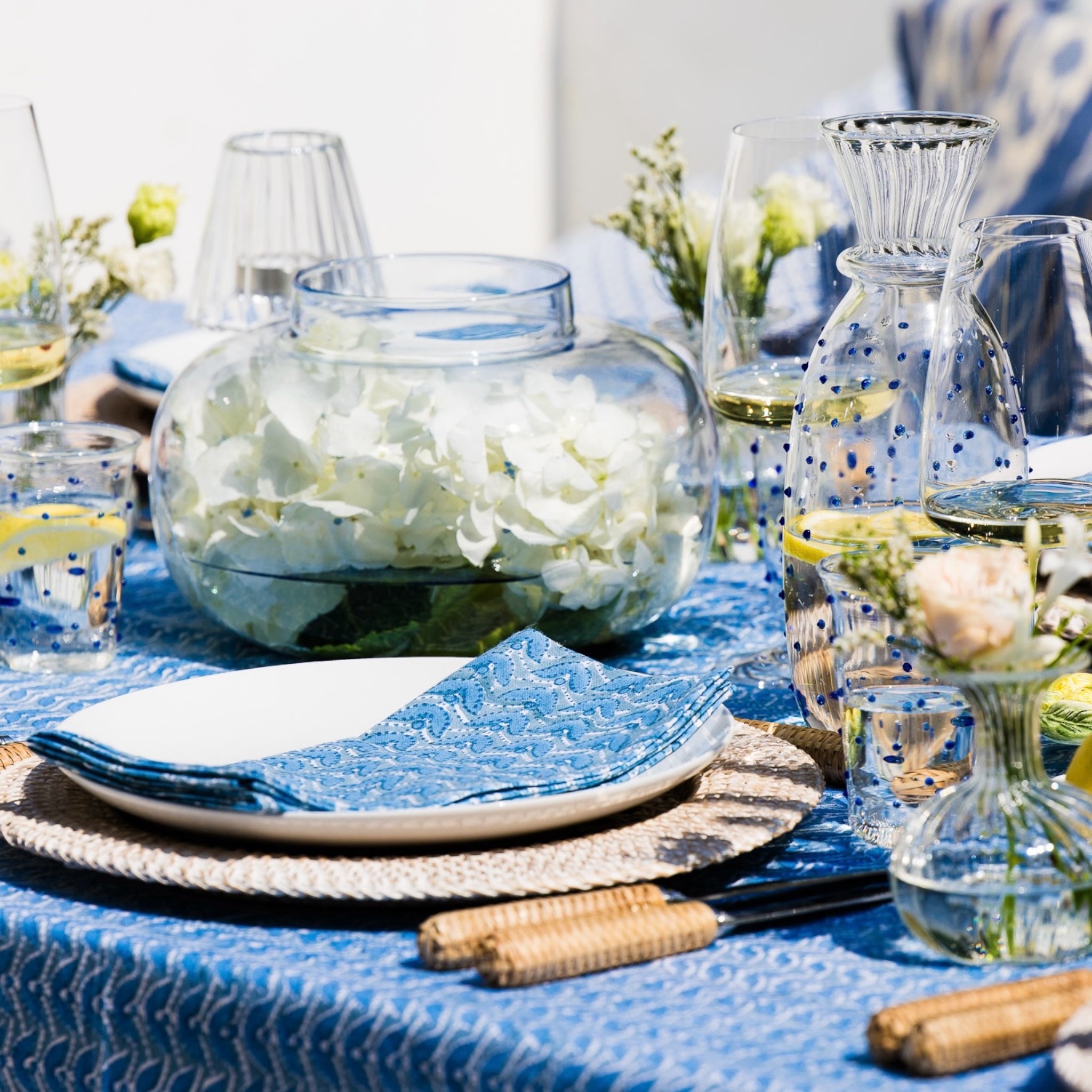 Geometric Blue & Grey Block Printed Cotton Tablecloth
